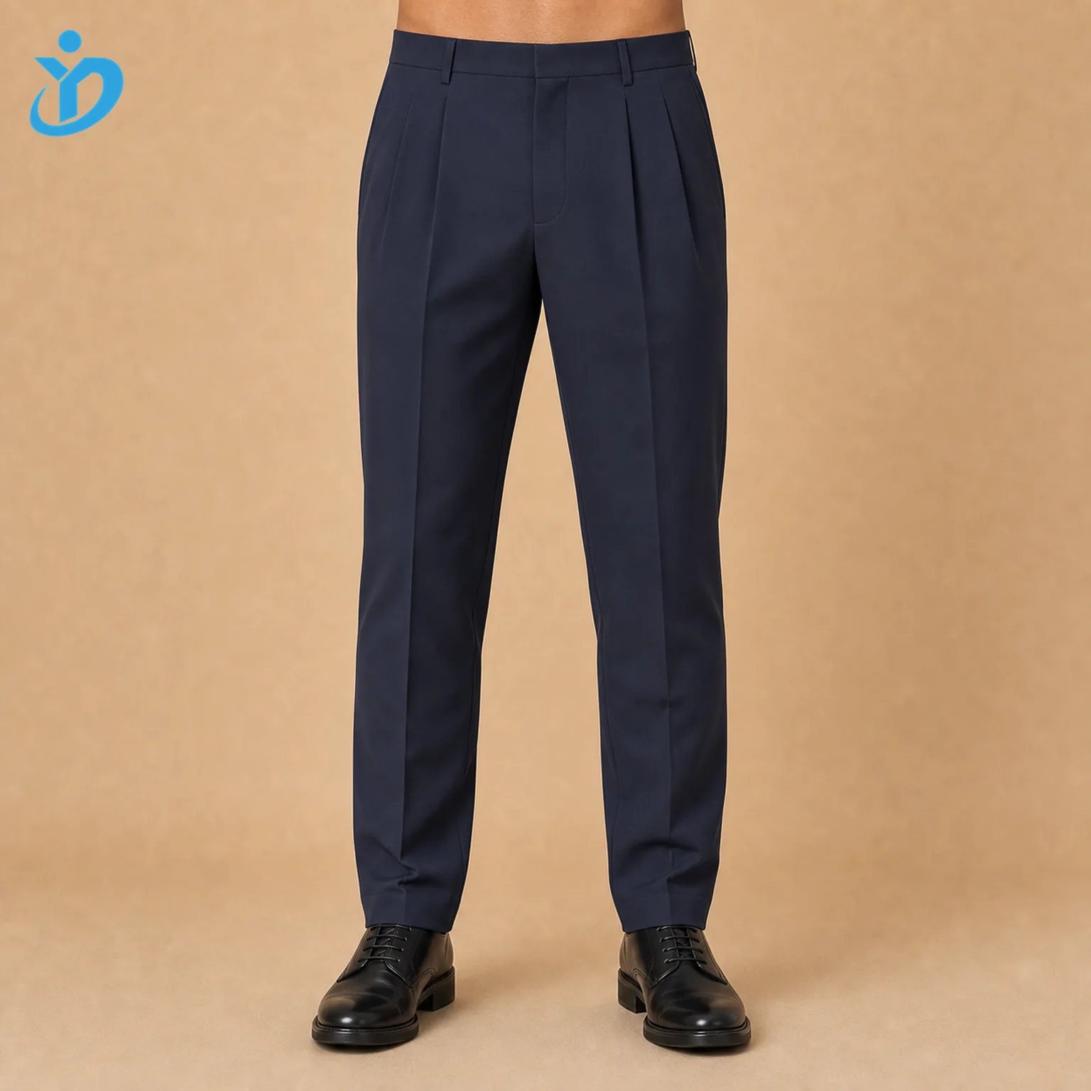 Lower body front view of custom mens deep navy pleated trousers with double pleat front stretch fabric hidden hook closure pressed crease tapered leg black dress shoes and Dongguan Yidi Clothing Co Ltd transparent logo