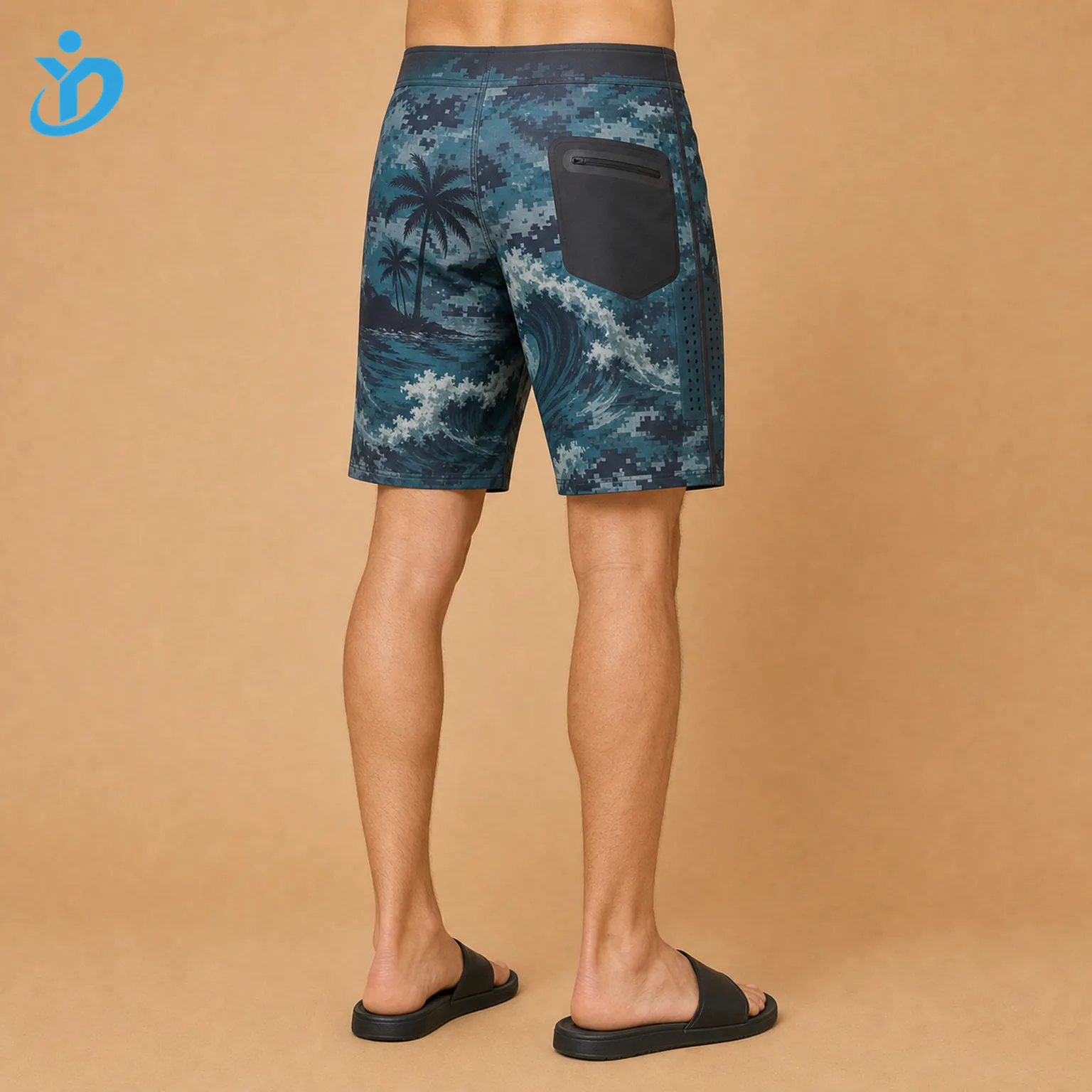 Lower body back view of custom mens quick dry board shorts with digital tropical wave print heat bonded pocket DWR water repellent quick dry fabric laser perforation and Dongguan Yidi Clothing Co Ltd transparent logo
