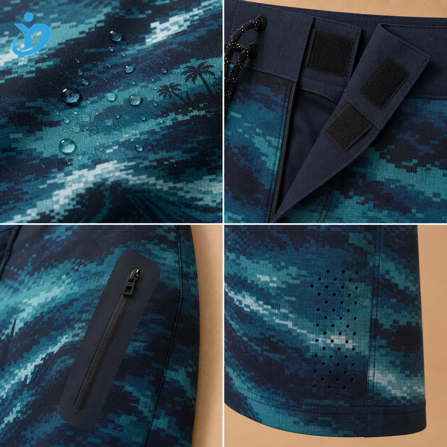 Detail grid for custom mens quick dry board shorts showing 4 way stretch fabric DWR water droplets Velcro fly heat bonded seamless pocket laser perforation digital print and Dongguan Yidi Clothing Co Ltd transparent logo