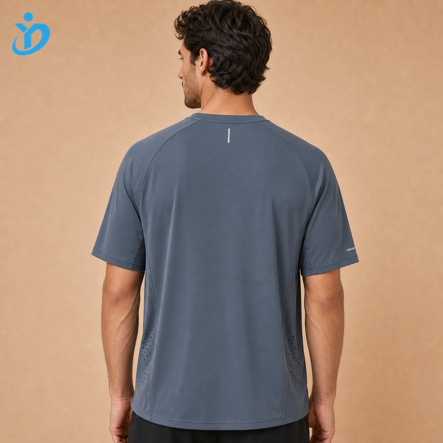 Upper body back view of custom mens quick-dry performance T-shirts showing relaxed sports fit quick dry stretch fabric raglan sleeve flatlock seam and Dongguan Yidi Clothing Co Ltd transparent logo