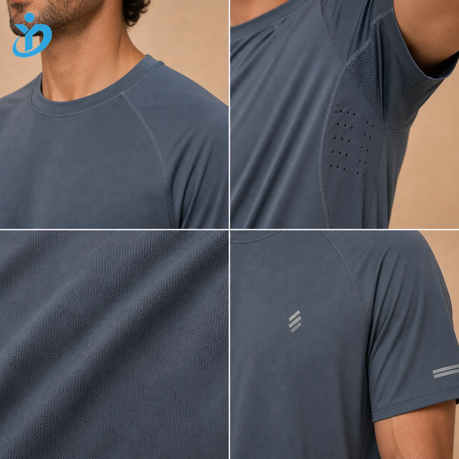Upper body detail grid for custom mens quick-dry performance T-shirts showing raglan sleeve underarm mesh laser perforation flatlock seam sublimation reflective heat transfer silicone print chest mark sleeve logo and Dongguan Yidi Clothing Co Ltd transparent logo