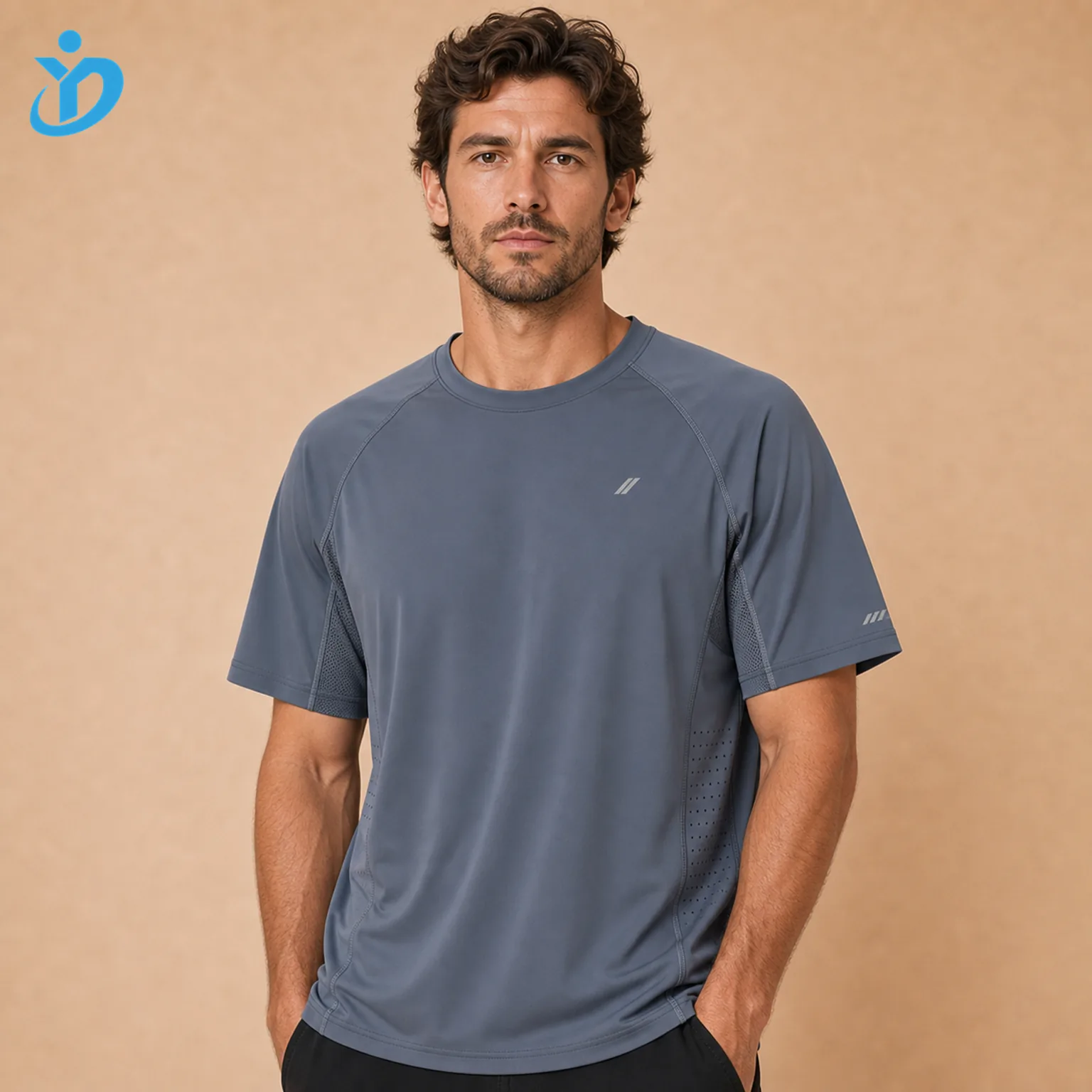 Upper body front view of custom mens quick-dry performance T-shirts with relaxed sports fit moisture wicking breathable stretch raglan sleeve reflective chest mark and Dongguan Yidi Clothing Co Ltd transparent logo