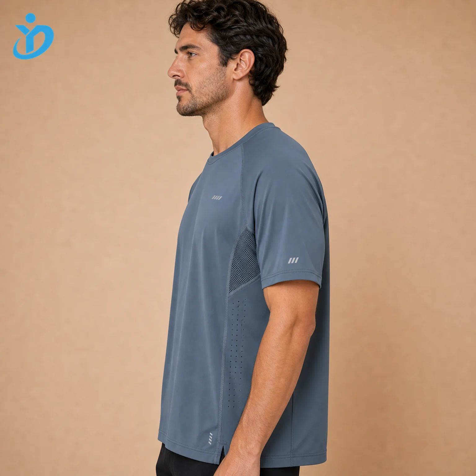 Upper body side view of custom mens quick-dry performance T-shirts showing raglan sleeve underarm mesh panel laser perforation flatlock seam sleeve cuff logo and Dongguan Yidi Clothing Co Ltd transparent logo