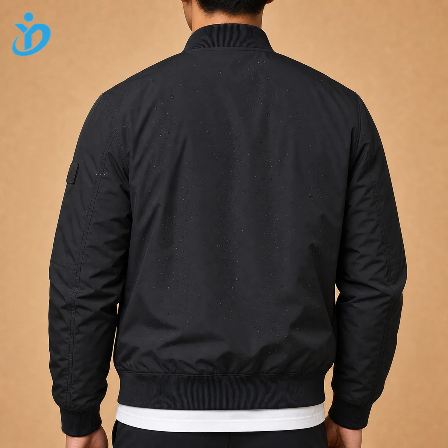 Upper body back view of custom mens recycled nylon bomber jacket with black recycled nylon water repellent shell ribbed collar cuffs and hem clean back panel and Dongguan Yidi Clothing Co Ltd transparent logo