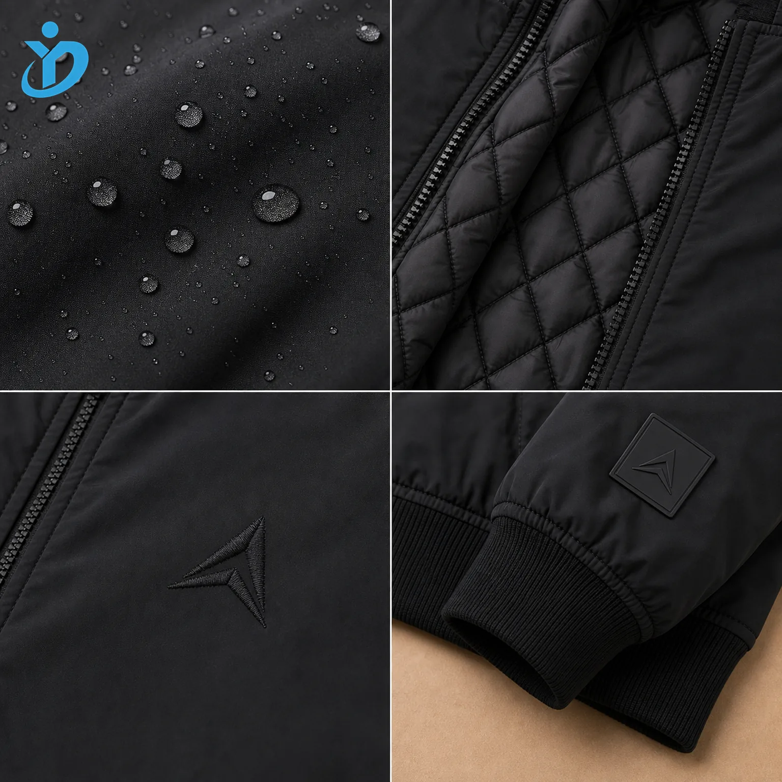 Detail grid for custom mens recycled nylon bomber jacket showing water repellent recycled nylon droplets quilted lining tonal embroidery logo silicone patch rib trim and Dongguan Yidi Clothing Co Ltd transparent logo