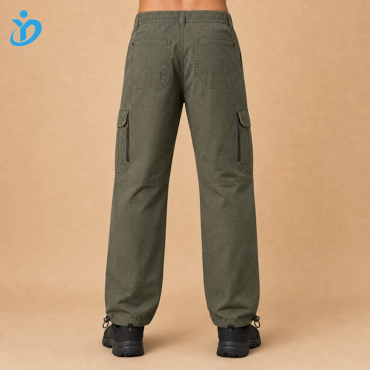 Lower body back view of custom mens olive green ripstop cargo pants showing back pockets side cargo pocket edges hidden zipper seams adjustable hem water resistant garment wash and Dongguan Yidi Clothing Co Ltd transparent logo