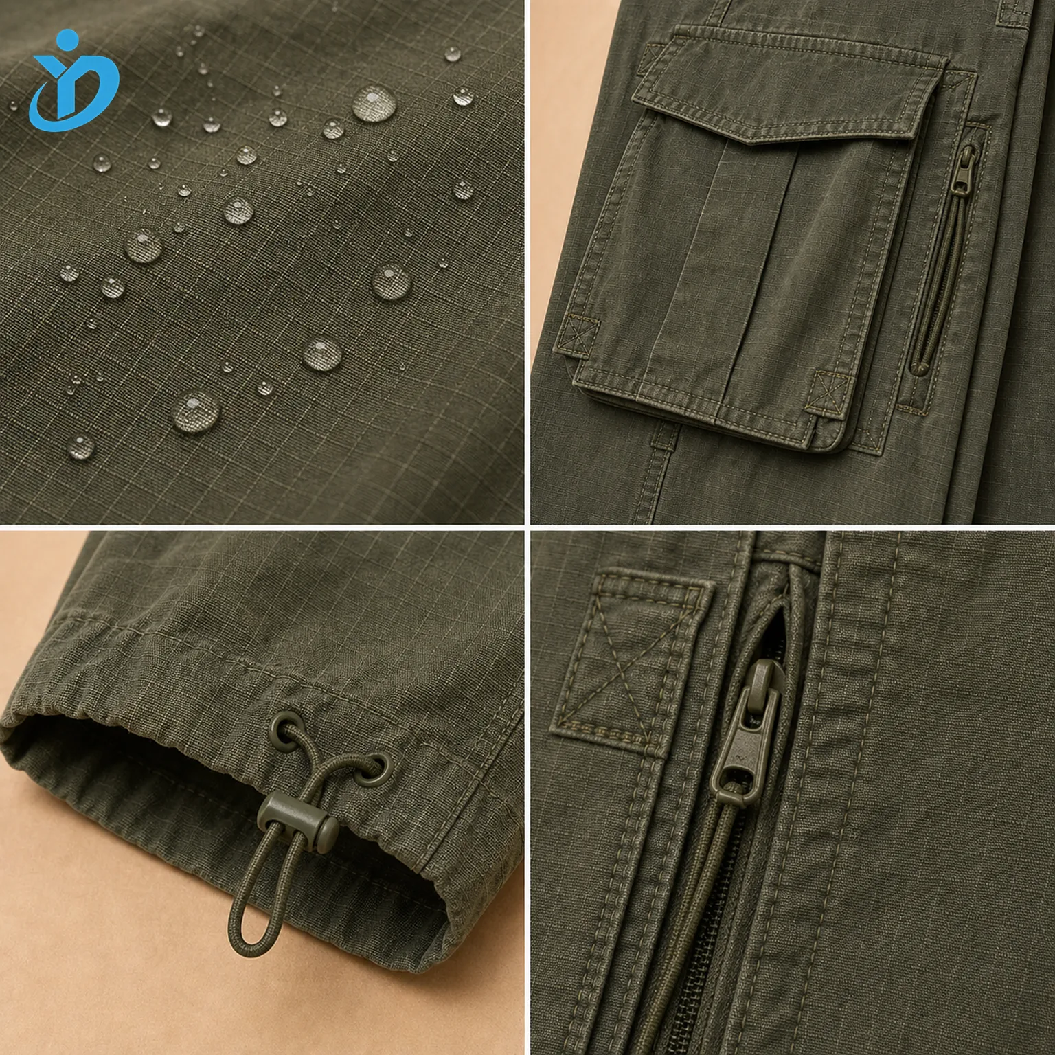 Detail grid for custom mens ripstop cargo pants showing water resistant ripstop fabric large cargo pocket hidden zipper adjustable hem drawcord reinforced stitching garment washed texture and Dongguan Yidi Clothing Co Ltd transparent logo