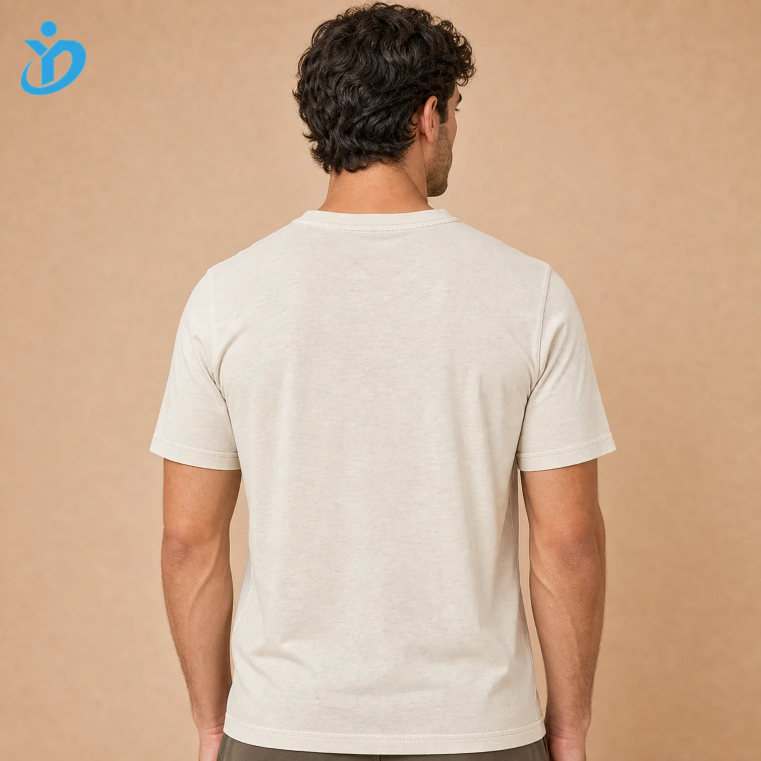 Upper body back view of custom mens short-sleeve Henley T-shirts showing ecru garment washed cotton jersey slightly slim fit reinforced neck seam and Dongguan Yidi Clothing Co Ltd transparent logo
