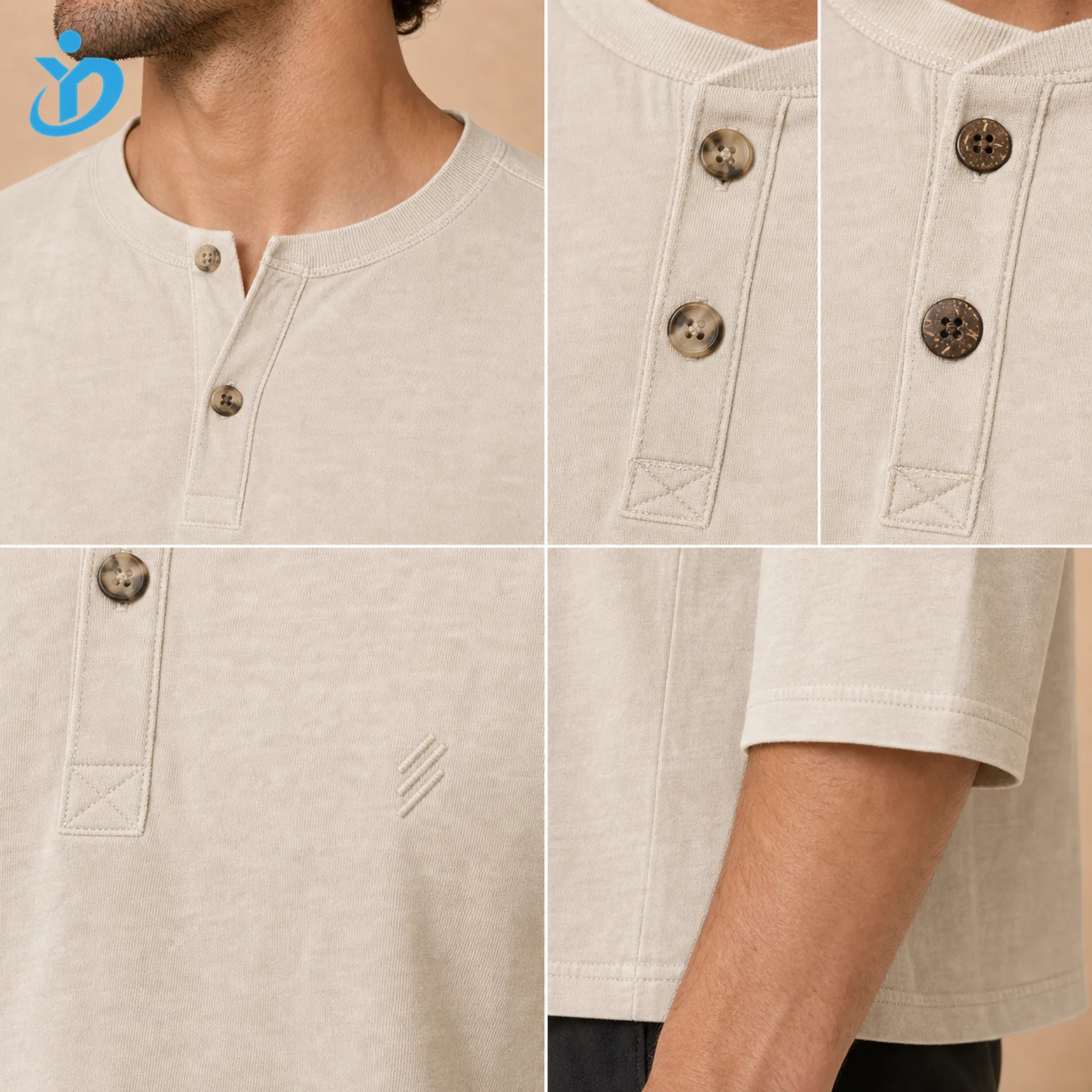 Upper body detail grid for custom mens short-sleeve Henley T-shirts showing reinforced placket faux horn buttons coconut shell buttons decorative triangle stitch garment wash small chest embroidery and Dongguan Yidi Clothing Co Ltd transparent logo