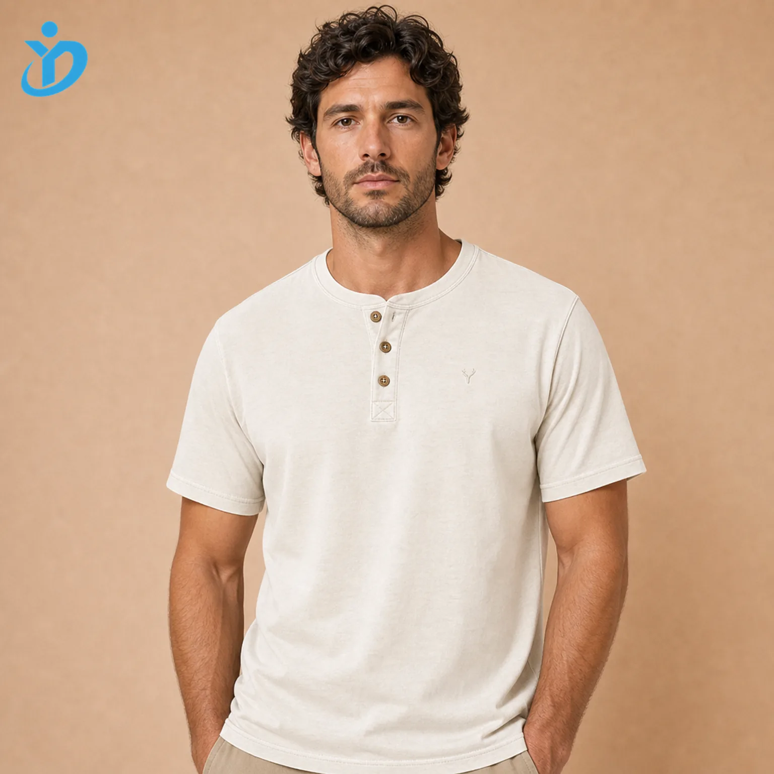Upper body front view of custom mens short-sleeve Henley T-shirts in ecru with slightly slim fit button placket garment wash faux horn coconut shell buttons chest embroidery and Dongguan Yidi Clothing Co Ltd transparent logo