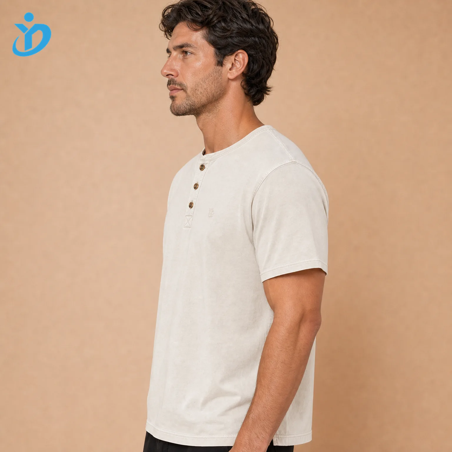 Upper body side view of custom mens short-sleeve Henley T-shirts showing ecru slightly slim fit no collar reinforced placket garment washed cotton jersey and Dongguan Yidi Clothing Co Ltd transparent logo