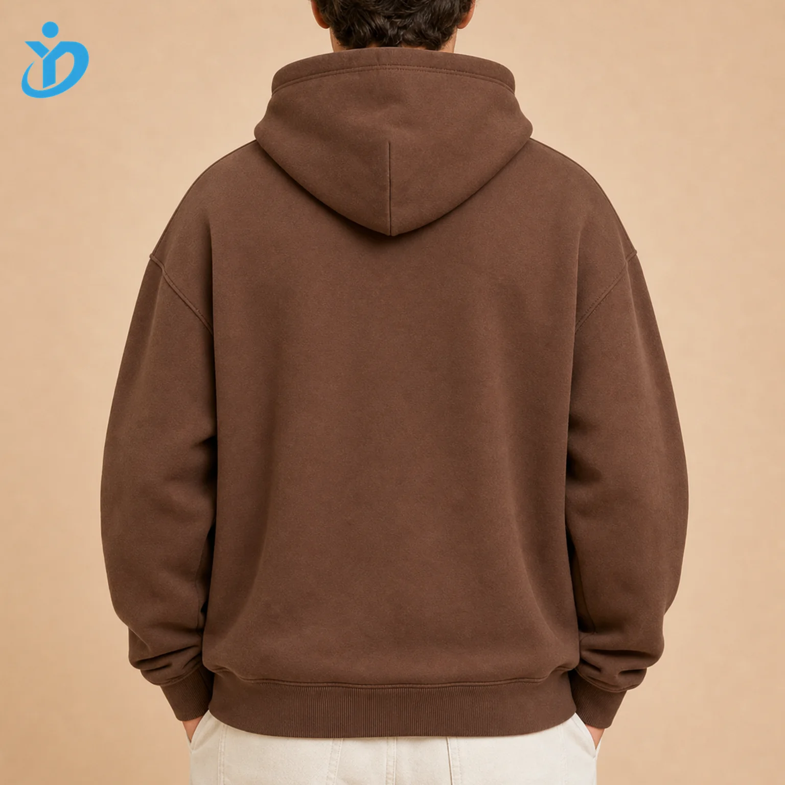 Custom Men's Solid Brown Heavyweight Pullover Hoodie back view with transparent company logo