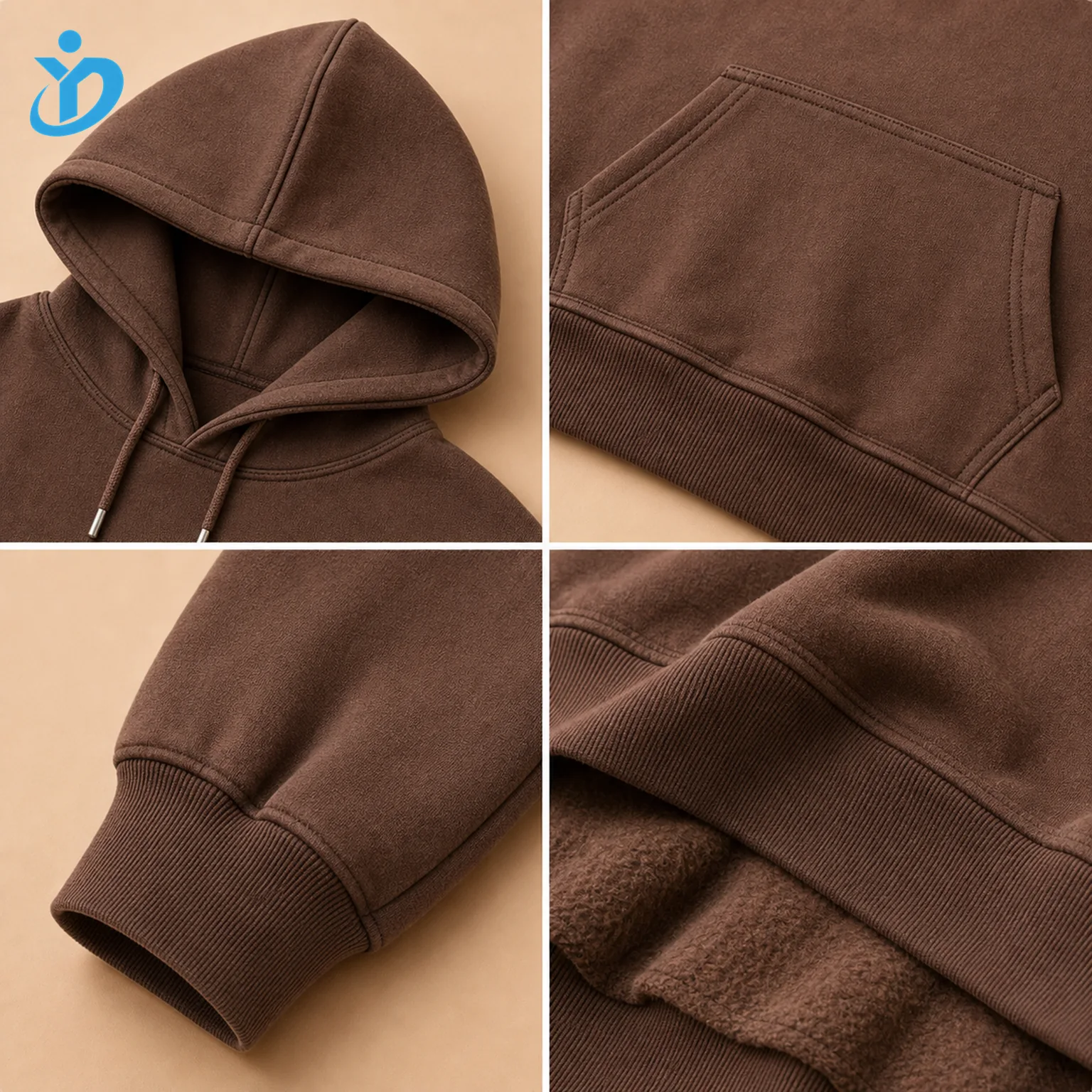 Custom Men's Solid Brown Heavyweight Pullover Hoodie detail grid with transparent company logo