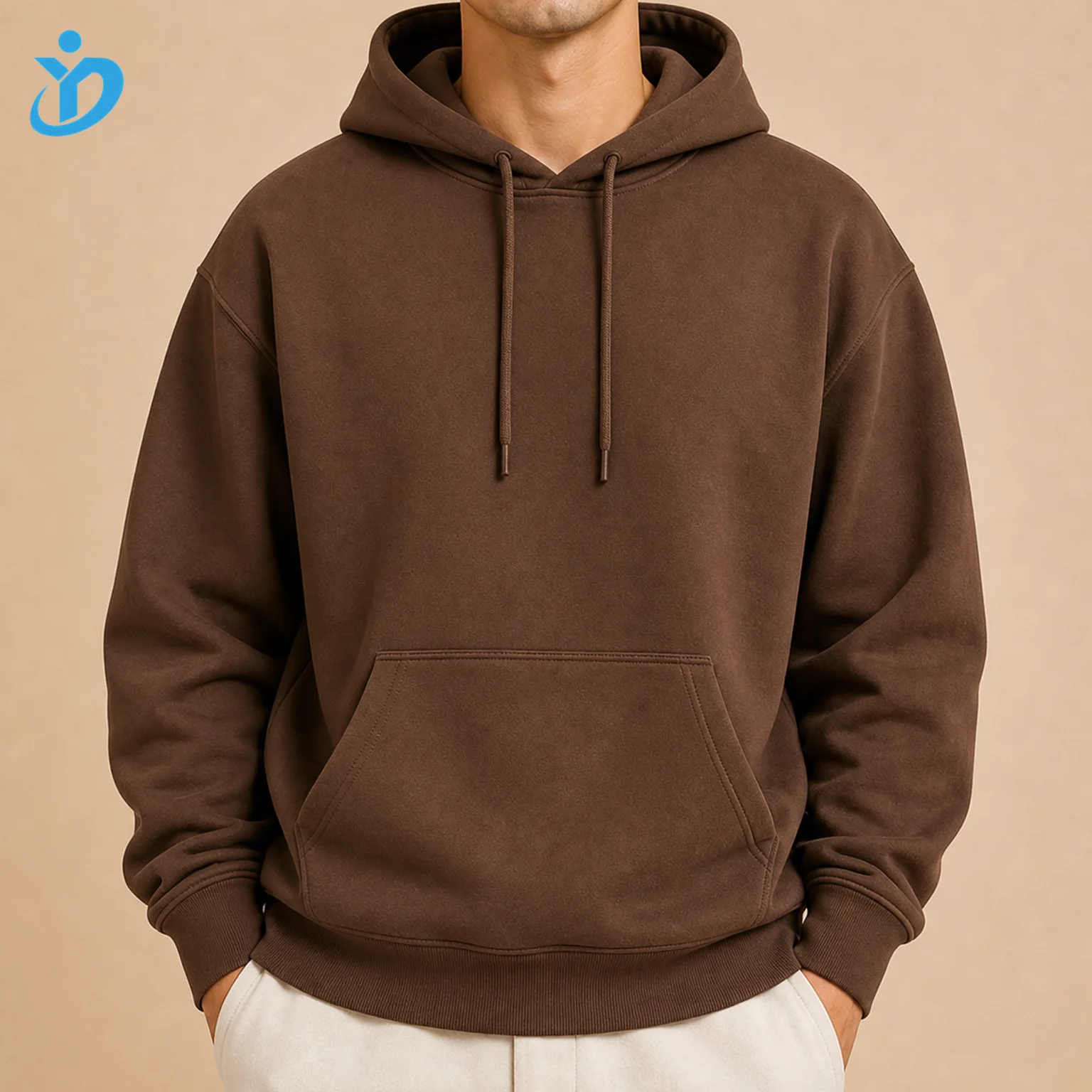 Custom Men's Solid Brown Heavyweight Pullover Hoodie front view with transparent company logo