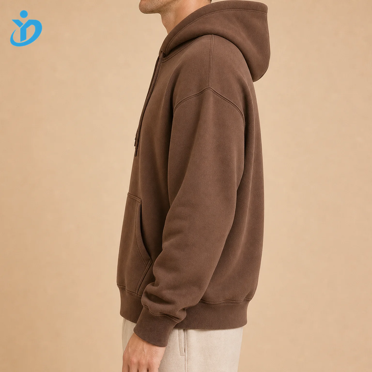 Custom Men's Solid Brown Heavyweight Pullover Hoodie side view with transparent company logo