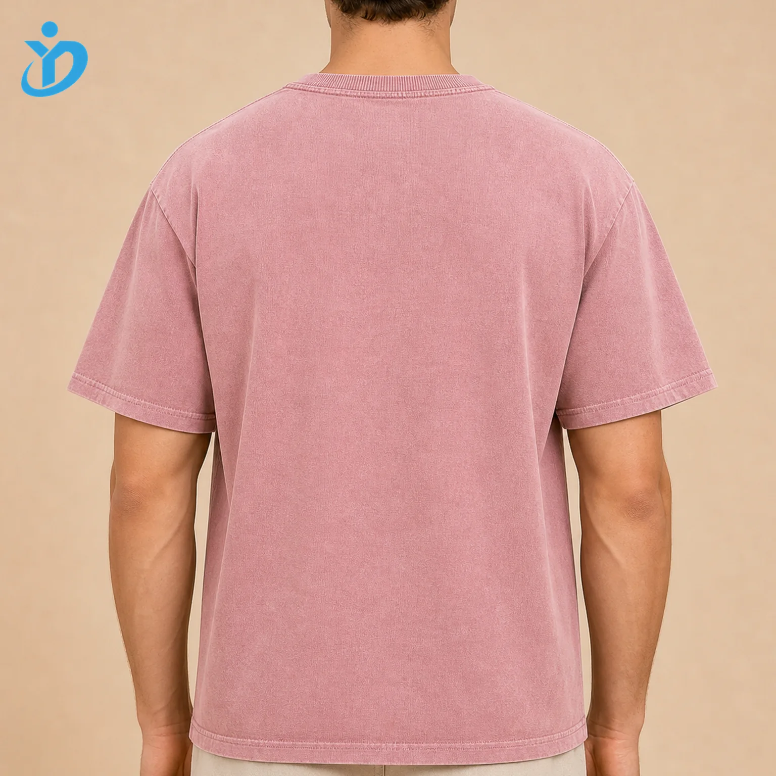 Custom Men's Solid Washed Pink Heavyweight T-Shirt back view with transparent company logo