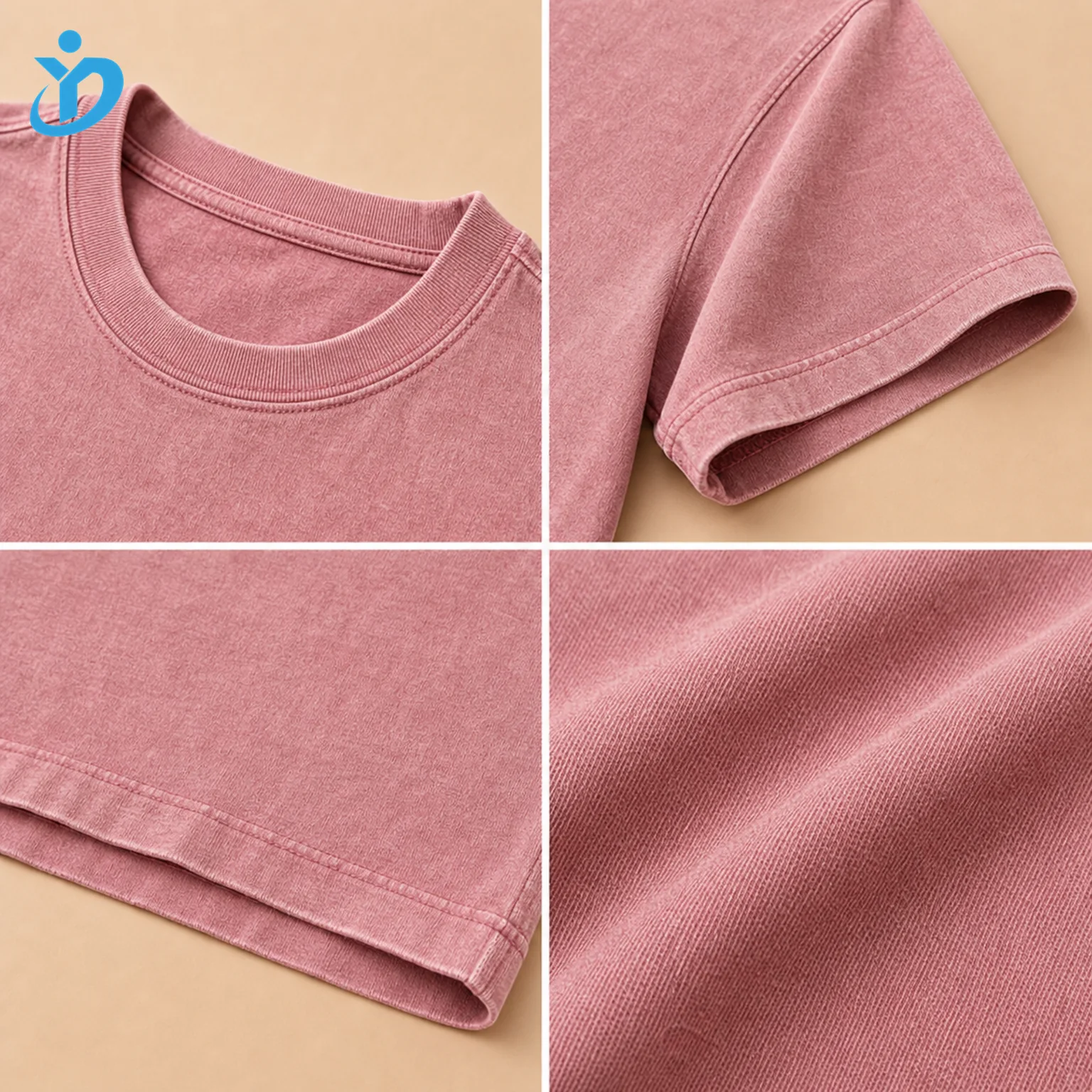 Custom Men's Solid Washed Pink Heavyweight T-Shirt detail grid with transparent company logo