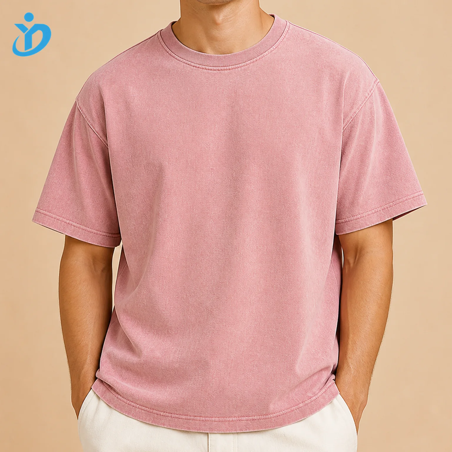 Custom Men's Solid Washed Pink Heavyweight T-Shirt front view with transparent company logo