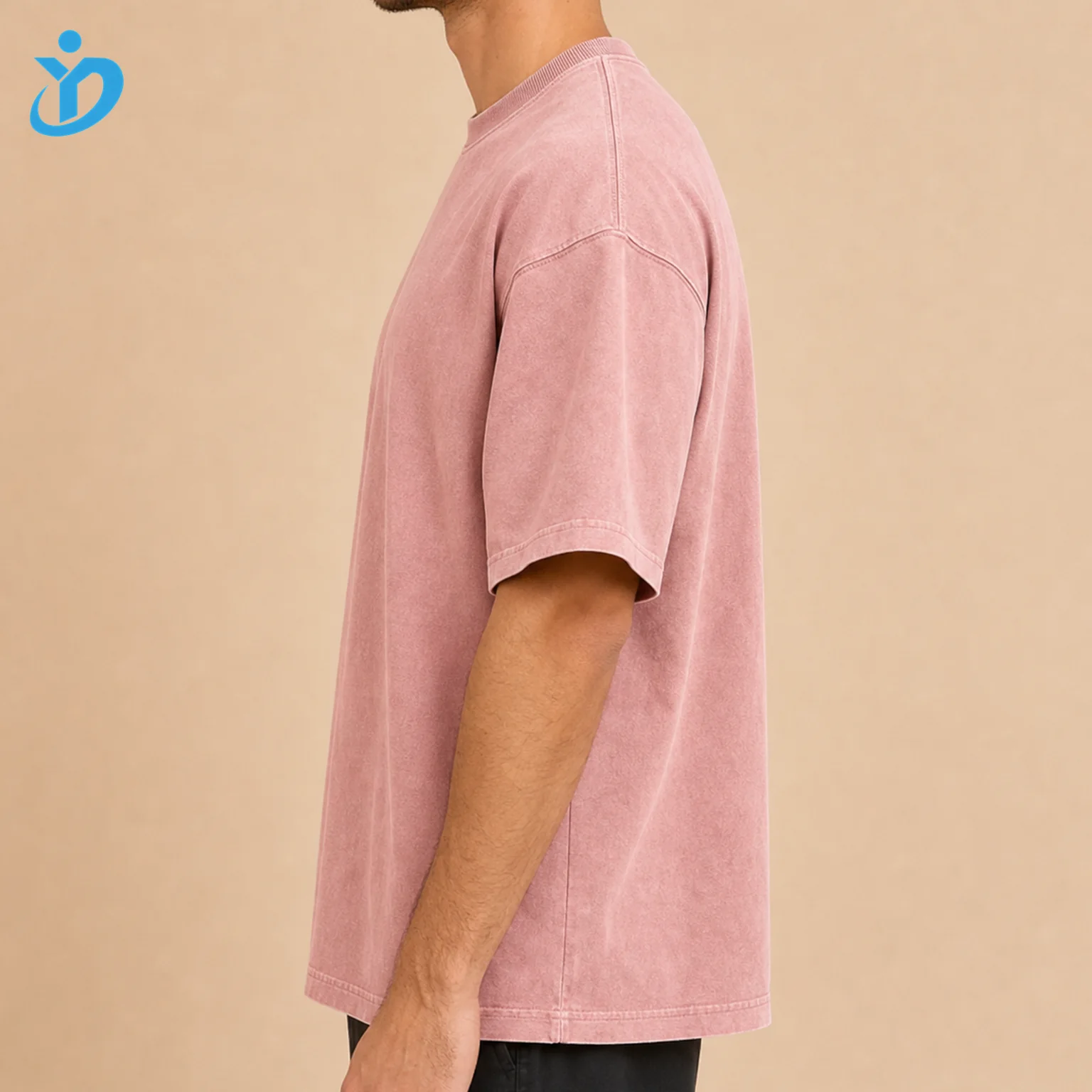 Custom Men's Solid Washed Pink Heavyweight T-Shirt side view with transparent company logo
