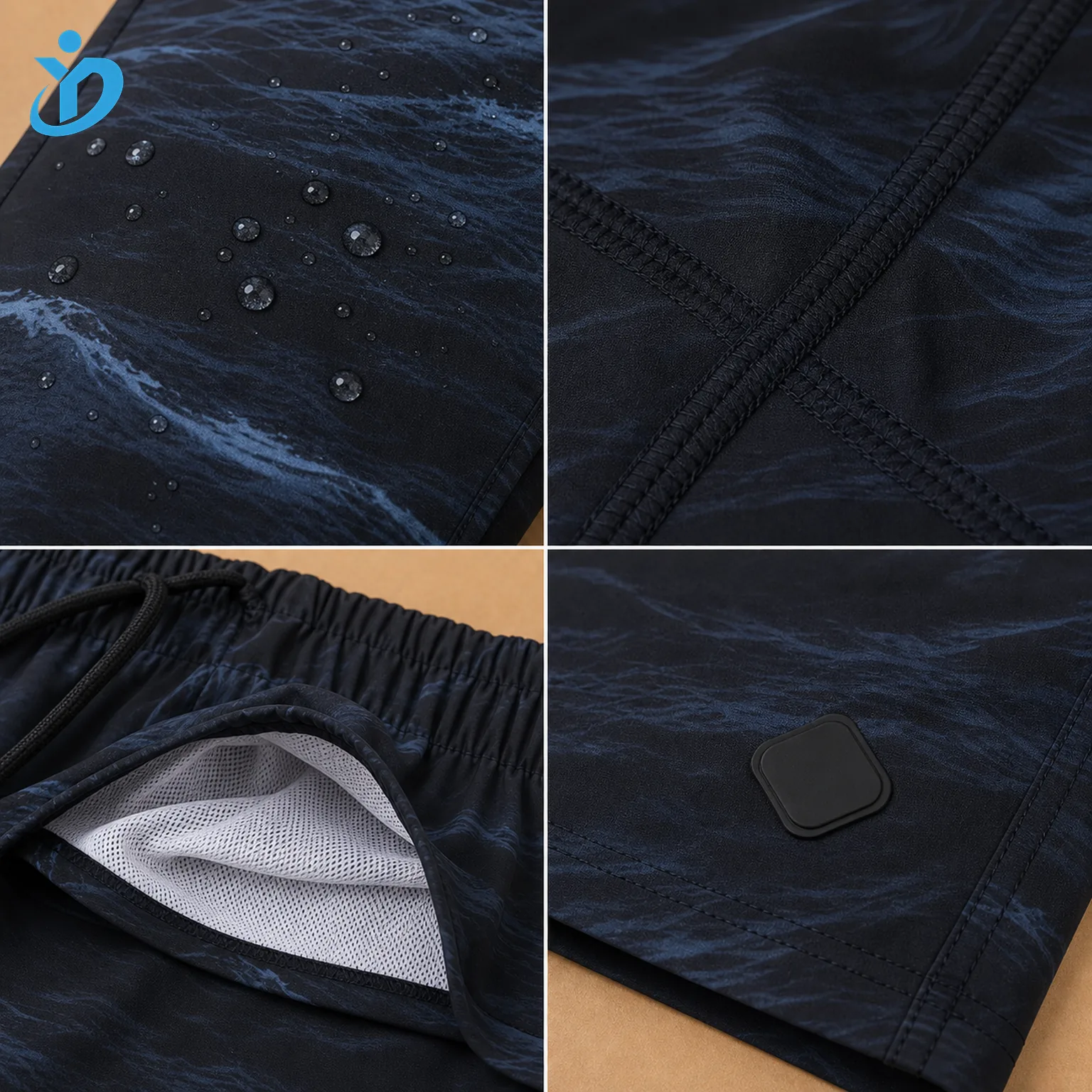 Detail grid for custom mens square leg swim shorts showing sublimation print fabric water droplets flatlock stitching full lining silicone logo print patch area chlorine durable stretch fabric and Dongguan Yidi Clothing Co Ltd transparent logo