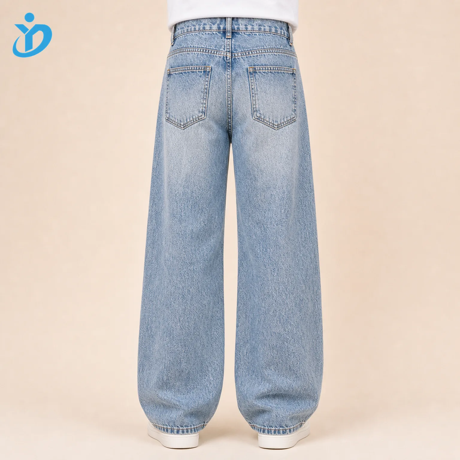 Custom mens stone wash wide leg jeans back view lower body model with back pockets wide leg fit stone wash and Dongguan Yidi Clothing Co Ltd transparent logo