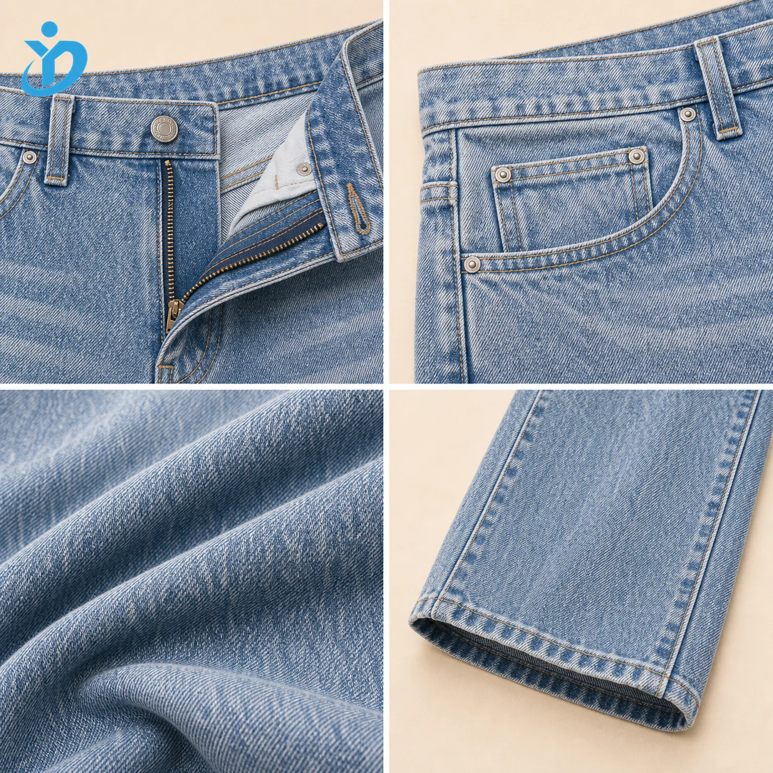 Custom mens stone wash wide leg jeans detail grid showing waistband zipper fly coin pocket stone wash denim fabric wide hem stitching and Dongguan Yidi Clothing Co Ltd transparent logo