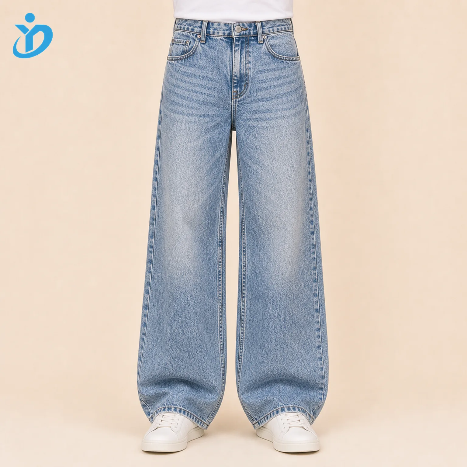 Custom mens stone wash wide leg jeans front view lower body model with medium light blue stone wash and Dongguan Yidi Clothing Co Ltd transparent logo