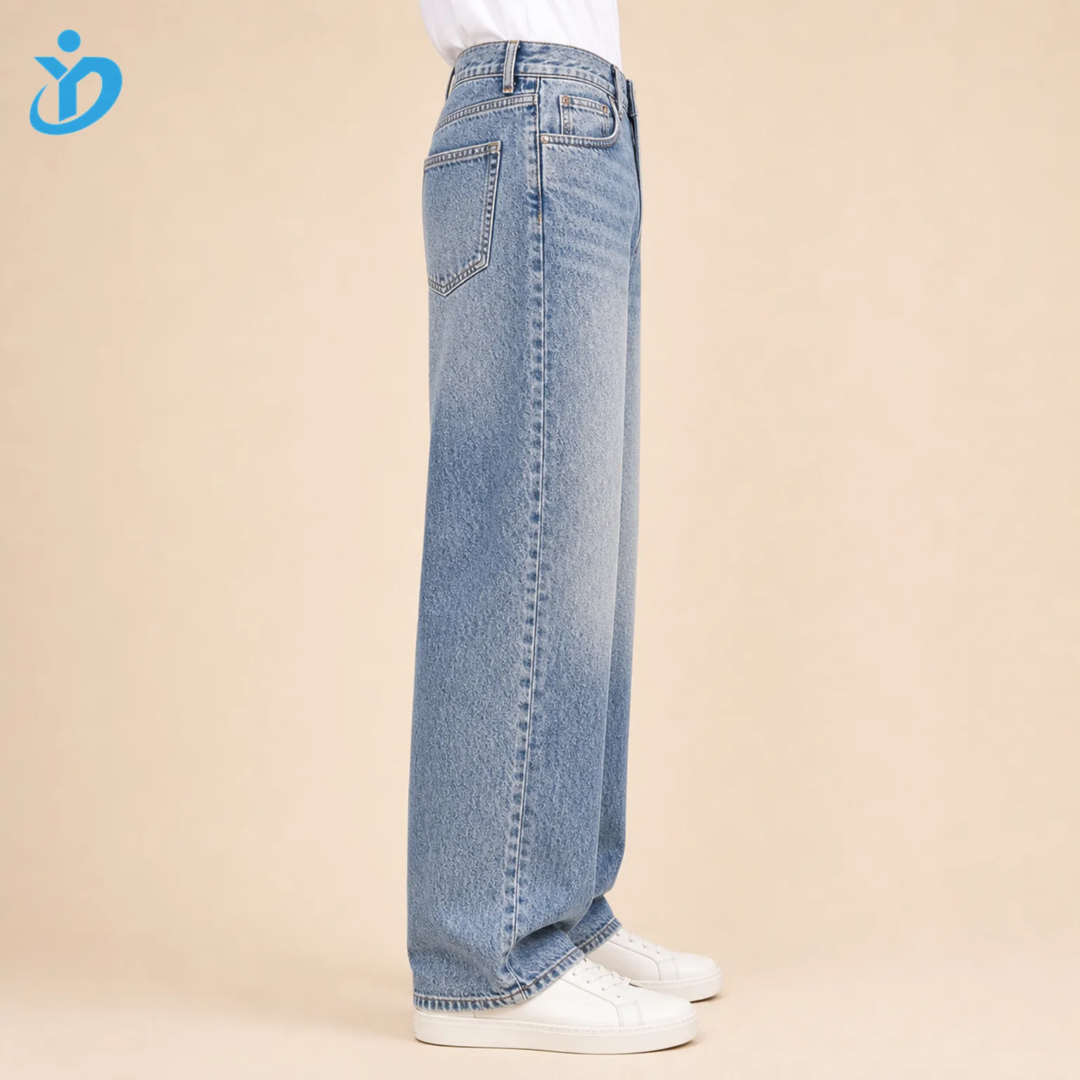 Custom mens stone wash wide leg jeans side view lower body model for OEM ODM denim jeans manufacturing with Dongguan Yidi Clothing Co Ltd transparent logo