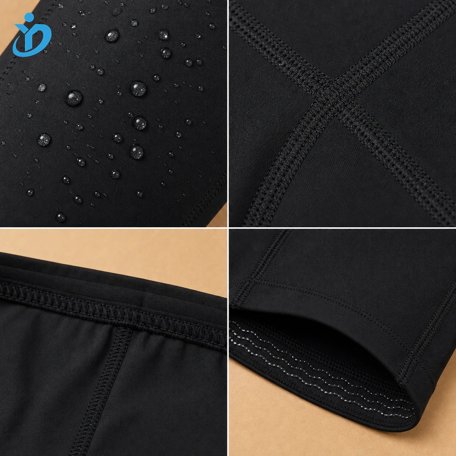 Detail grid for custom mens swim jammers showing compression stretch fabric water droplets flatlock stitching four needle six thread no friction seam waistband leg hem and Dongguan Yidi Clothing Co Ltd transparent logo