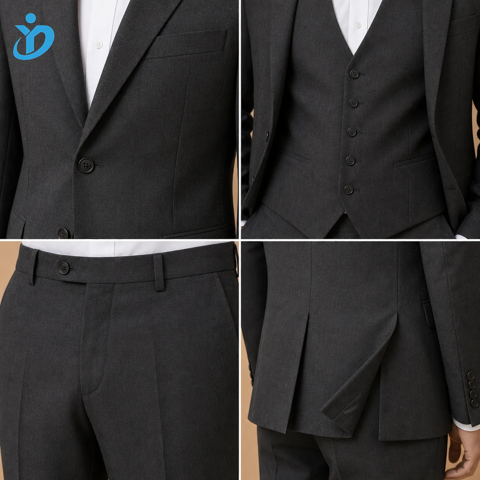 Detail grid for custom mens three piece wedding suit showing two button jacket lapel five button waistcoat flat front trousers double vents and Dongguan Yidi Clothing Co Ltd transparent logo