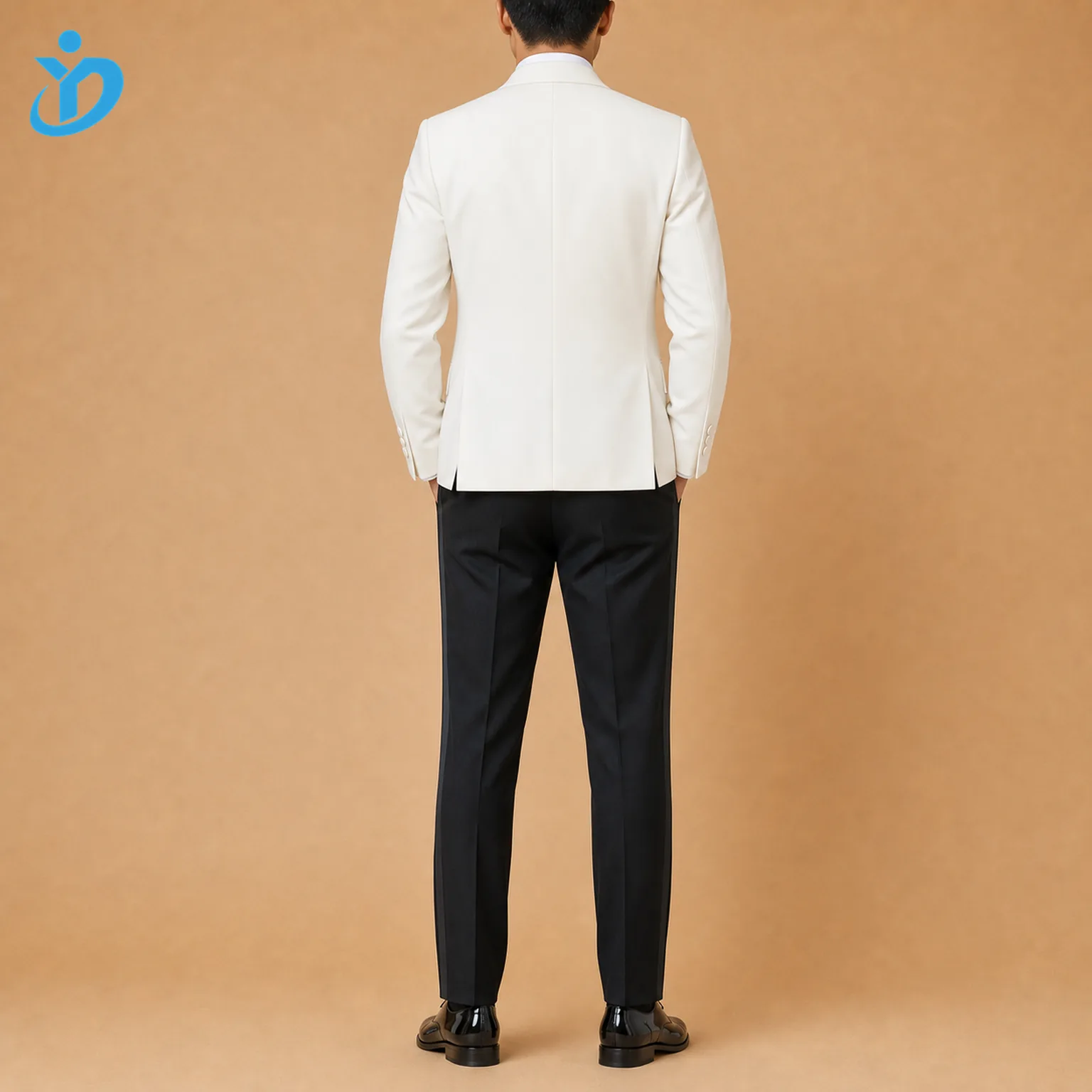 Full body back view of custom mens tuxedo dinner suit with ivory white dinner jacket optional no vent or double vent construction black trousers satin side stripe black shoes and Dongguan Yidi Clothing Co Ltd transparent logo