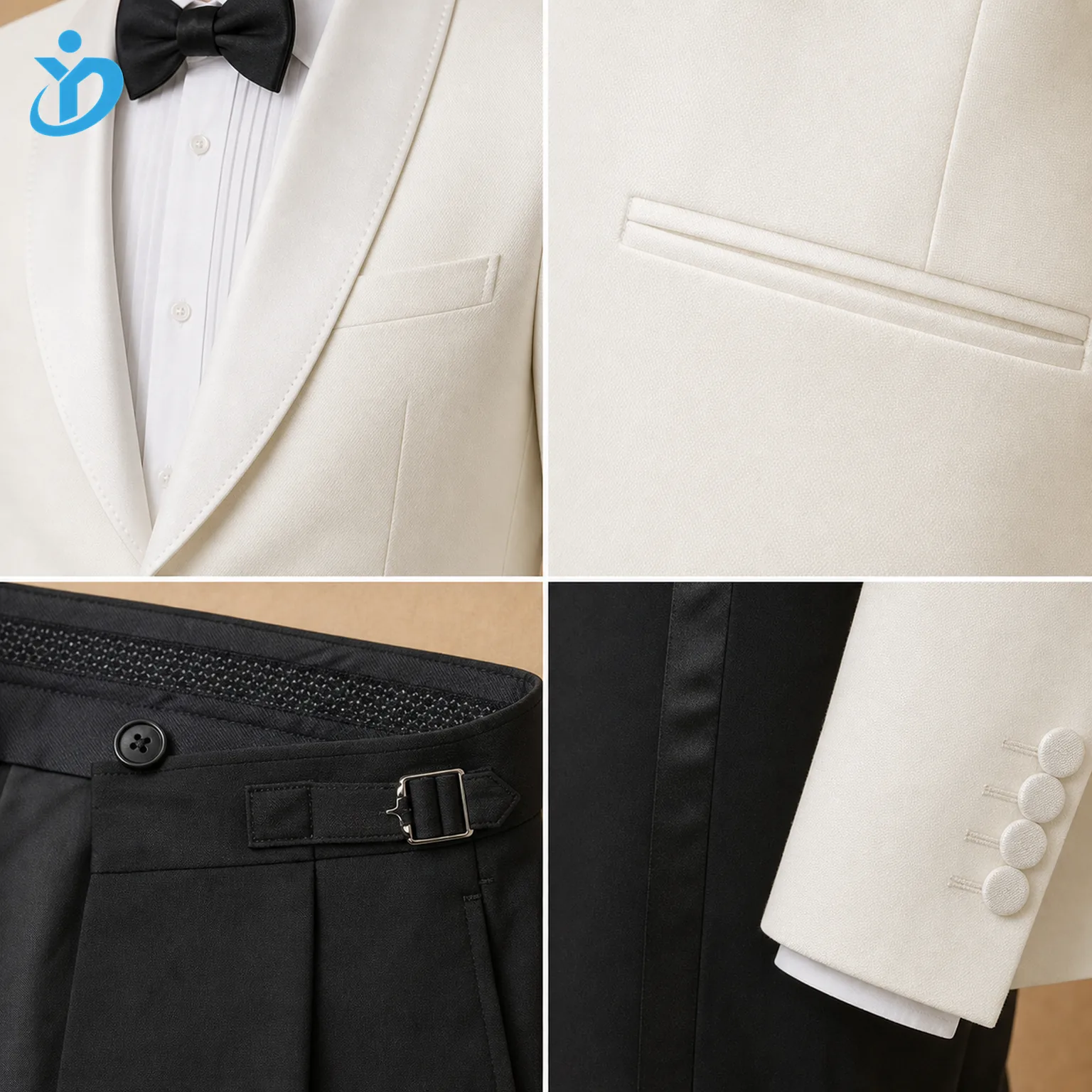 Detail grid for custom mens tuxedo dinner suit showing satin lapel single covered button double welt no flap pocket trouser side adjuster satin side stripe true sleeve vent and Dongguan Yidi Clothing Co Ltd transparent logo