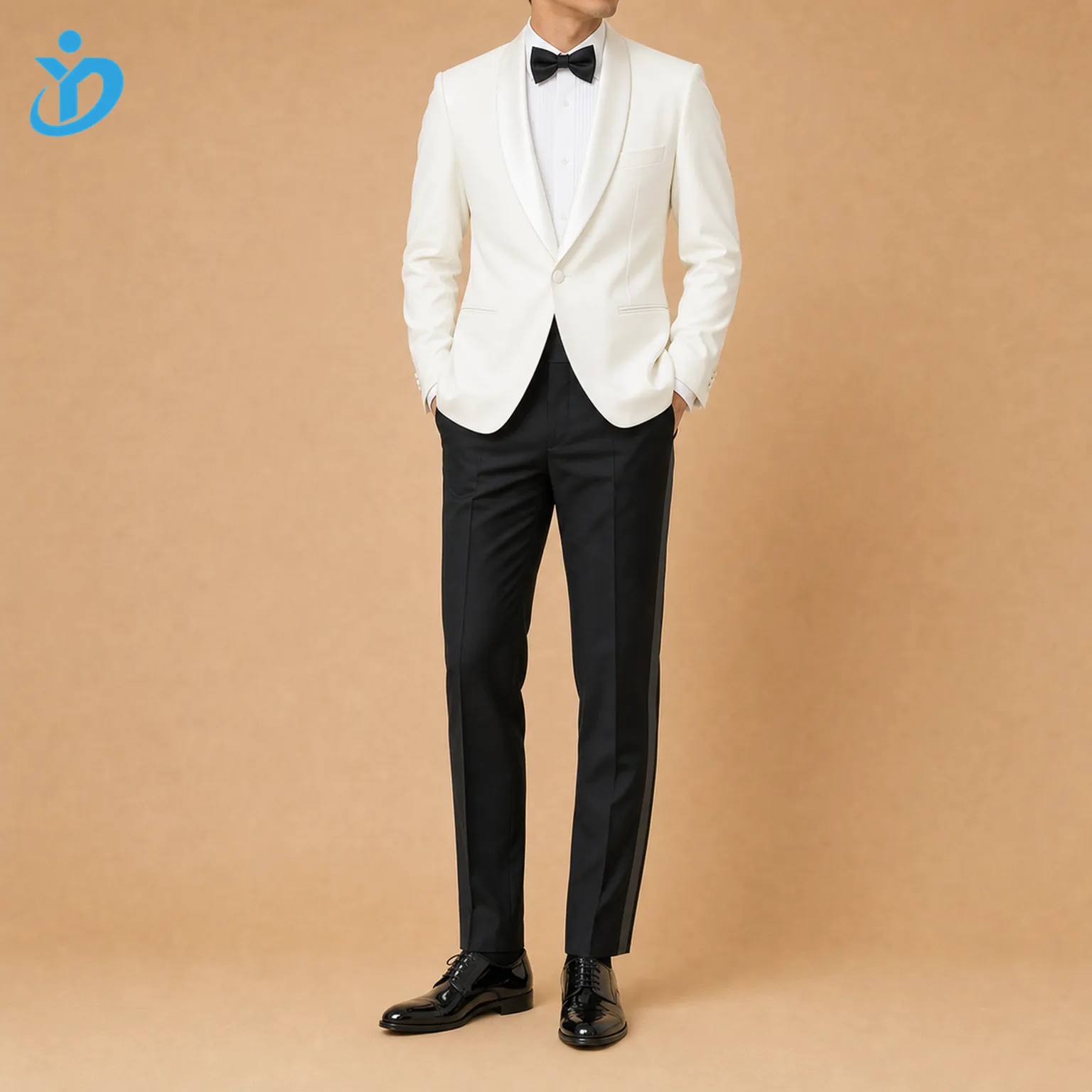 Full body front view of custom mens tuxedo dinner suit with ivory white single button dinner jacket satin lapel satin covered button black trousers satin side stripe black shoes and Dongguan Yidi Clothing Co Ltd transparent logo