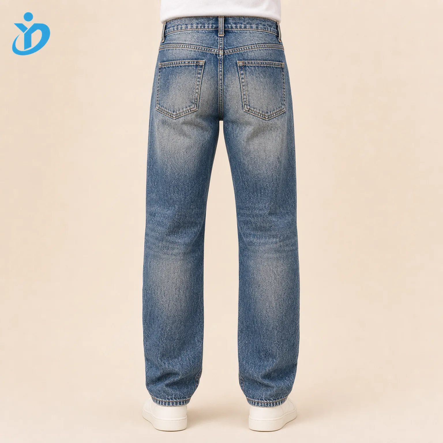Custom mens vintage wash relaxed fit jeans back view lower body model with back pockets relaxed fit vintage fading