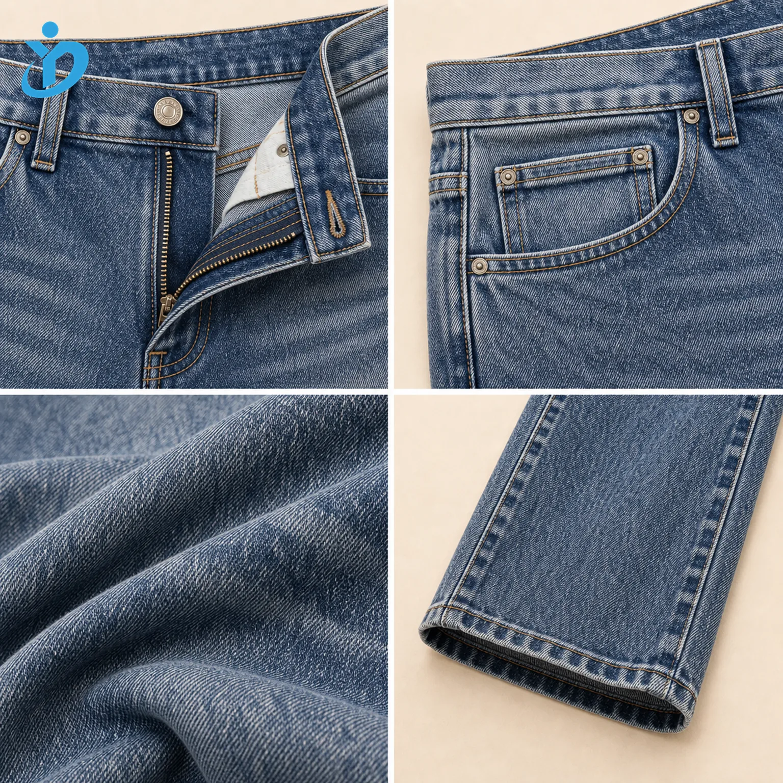 Detail views of custom men's vintage wash relaxed fit jeans
