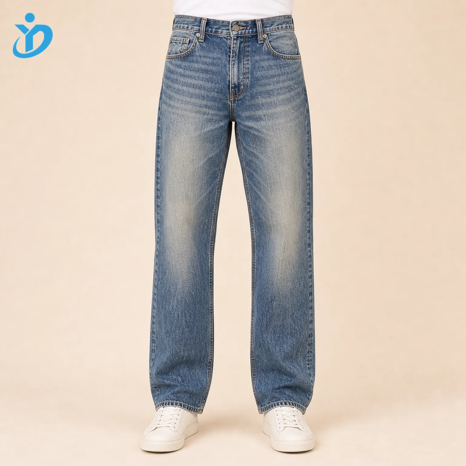 Custom mens vintage wash relaxed fit jeans front view lower body model with faded medium blue wash and Dongguan Yidi Clothing Co Ltd transparent logo