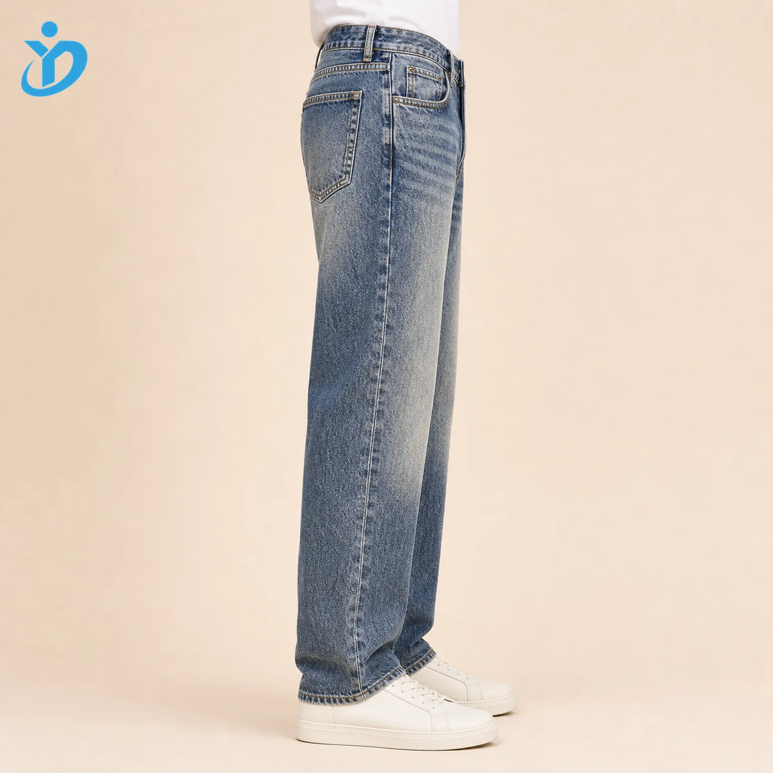 Custom mens vintage wash relaxed fit jeans side view lower body model