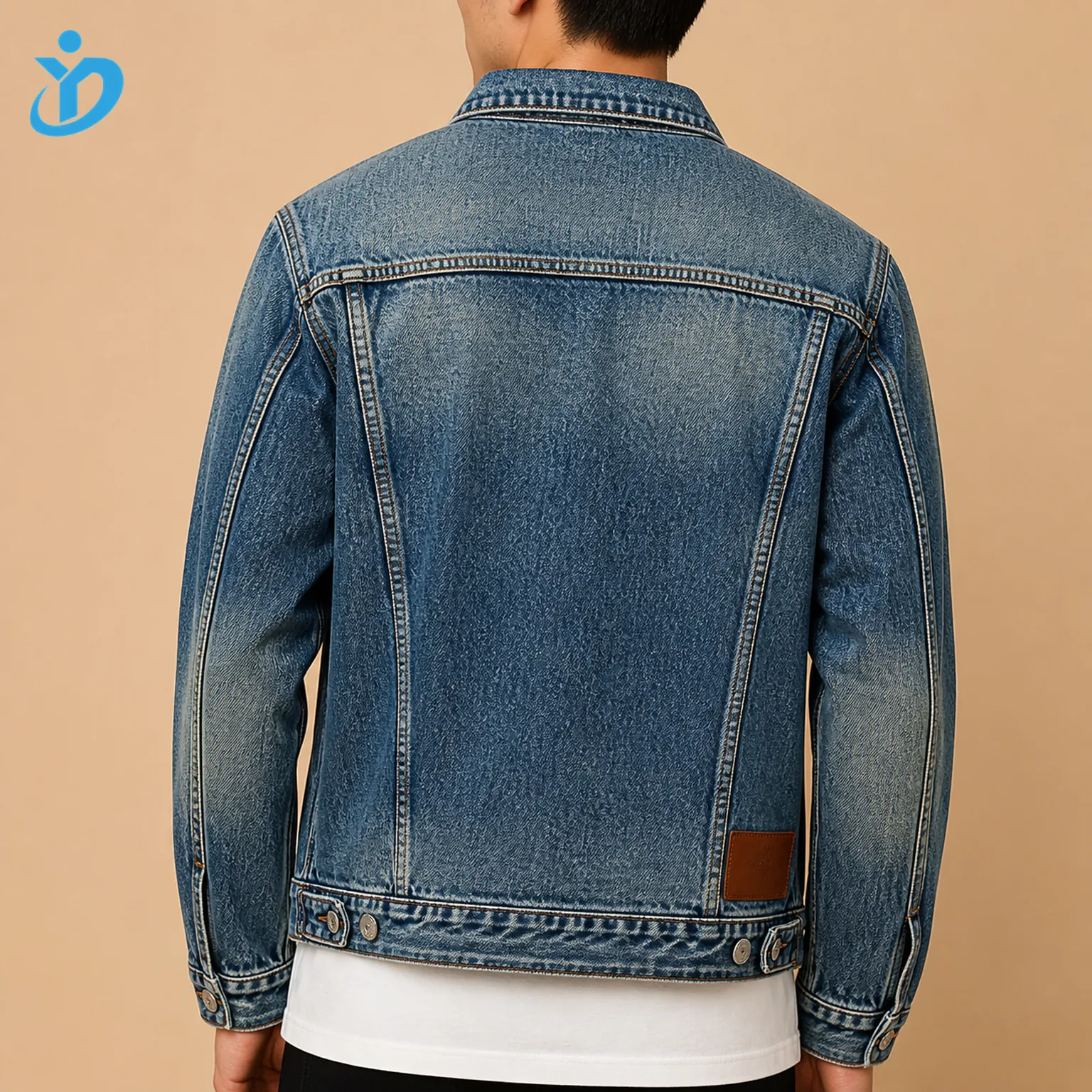 Upper body back view of custom mens vintage wash denim trucker jacket with heavy stitching classic back yoke washed fading PU patch metal cuff buttons and Dongguan Yidi Clothing Co Ltd transparent logo