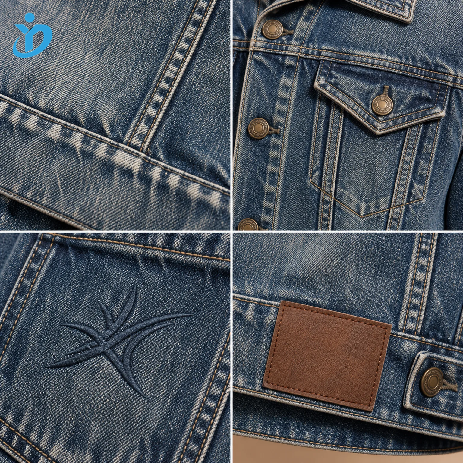 Detail grid for custom mens vintage wash trucker jacket showing washed denim texture heavy stitching antique metal button tonal embroidery PU patch and Dongguan Yidi Clothing Co Ltd transparent logo