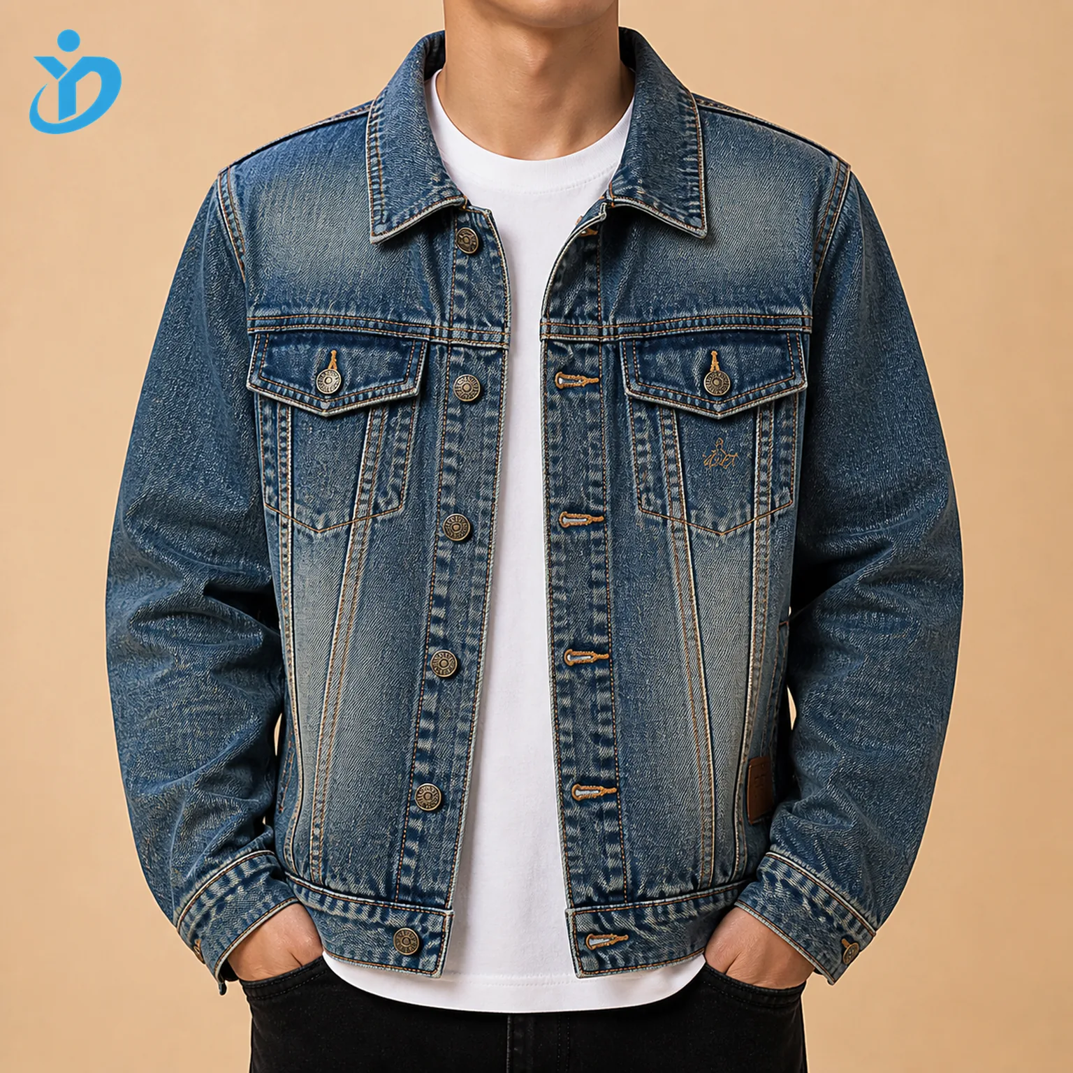 Upper body front view of custom mens vintage wash denim trucker jacket with heavy contrast stitching metal buttons chest flap pockets tonal embroidery PU patch and Dongguan Yidi Clothing Co Ltd transparent logo