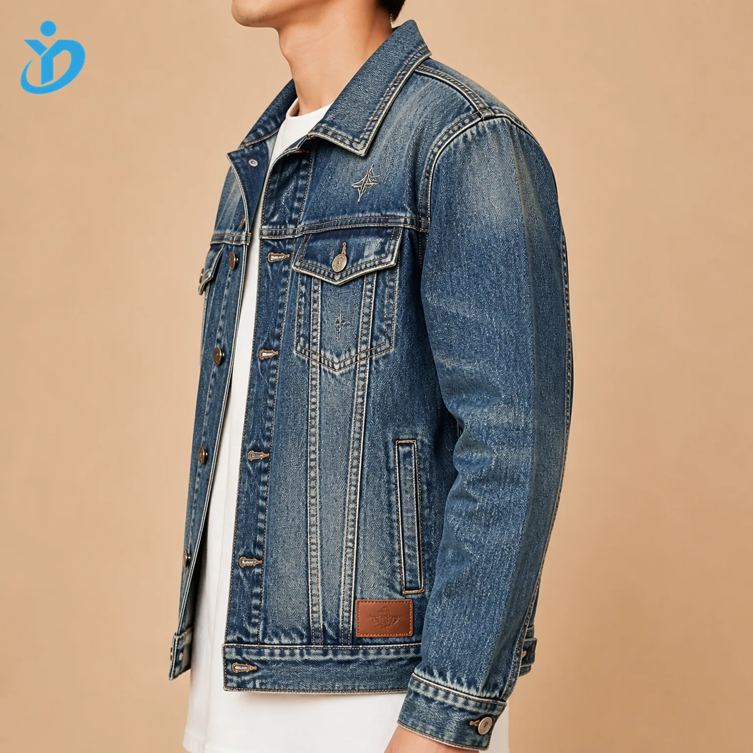 Upper body side view of custom mens vintage wash denim trucker jacket showing heavy stitch seams metal buttons chest pocket tonal embroidery PU patch and Dongguan Yidi Clothing Co Ltd transparent logo