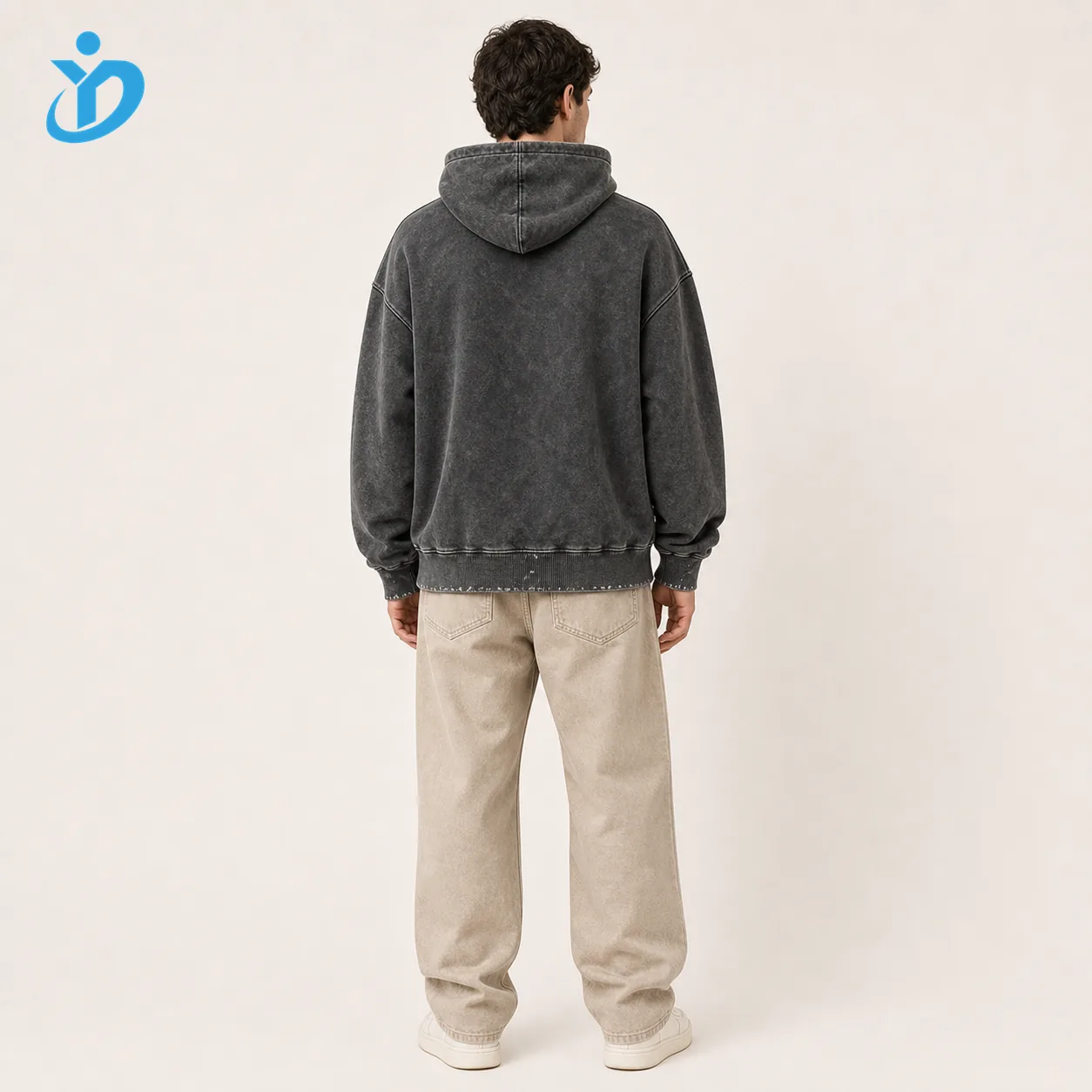 Custom mens vintage washed hoodie back view with YIDI Clothing logo