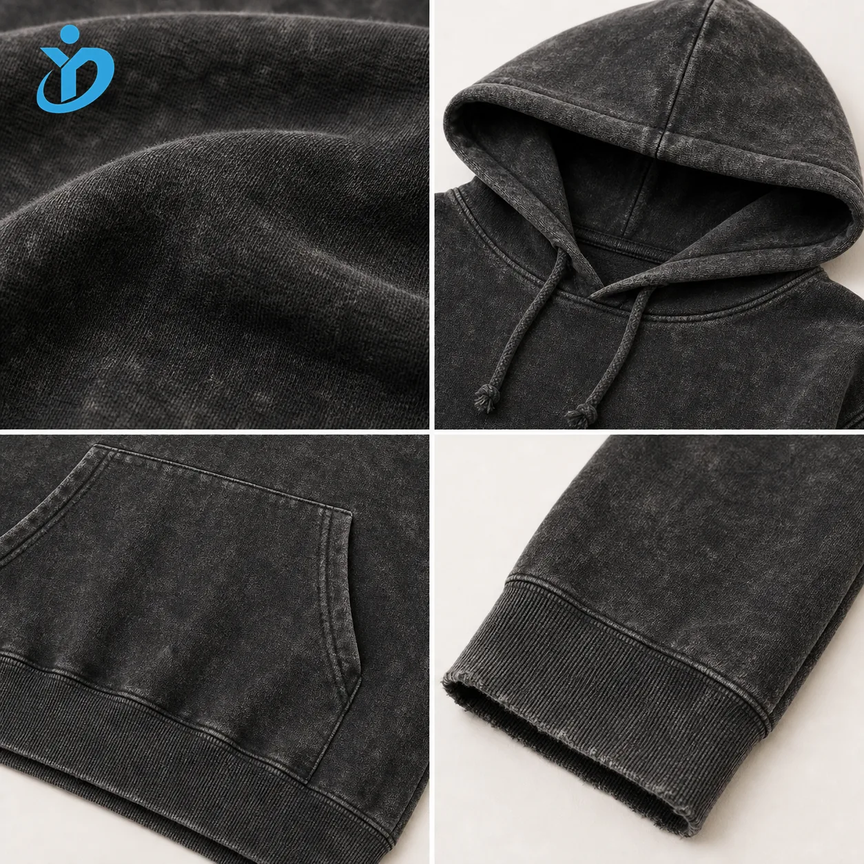 Custom vintage washed hoodie acid wash fleece hood pocket cuff and distressed hem details with YIDI Clothing logo