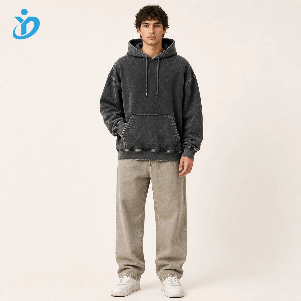 Custom mens vintage washed hoodie front view with YIDI Clothing logo