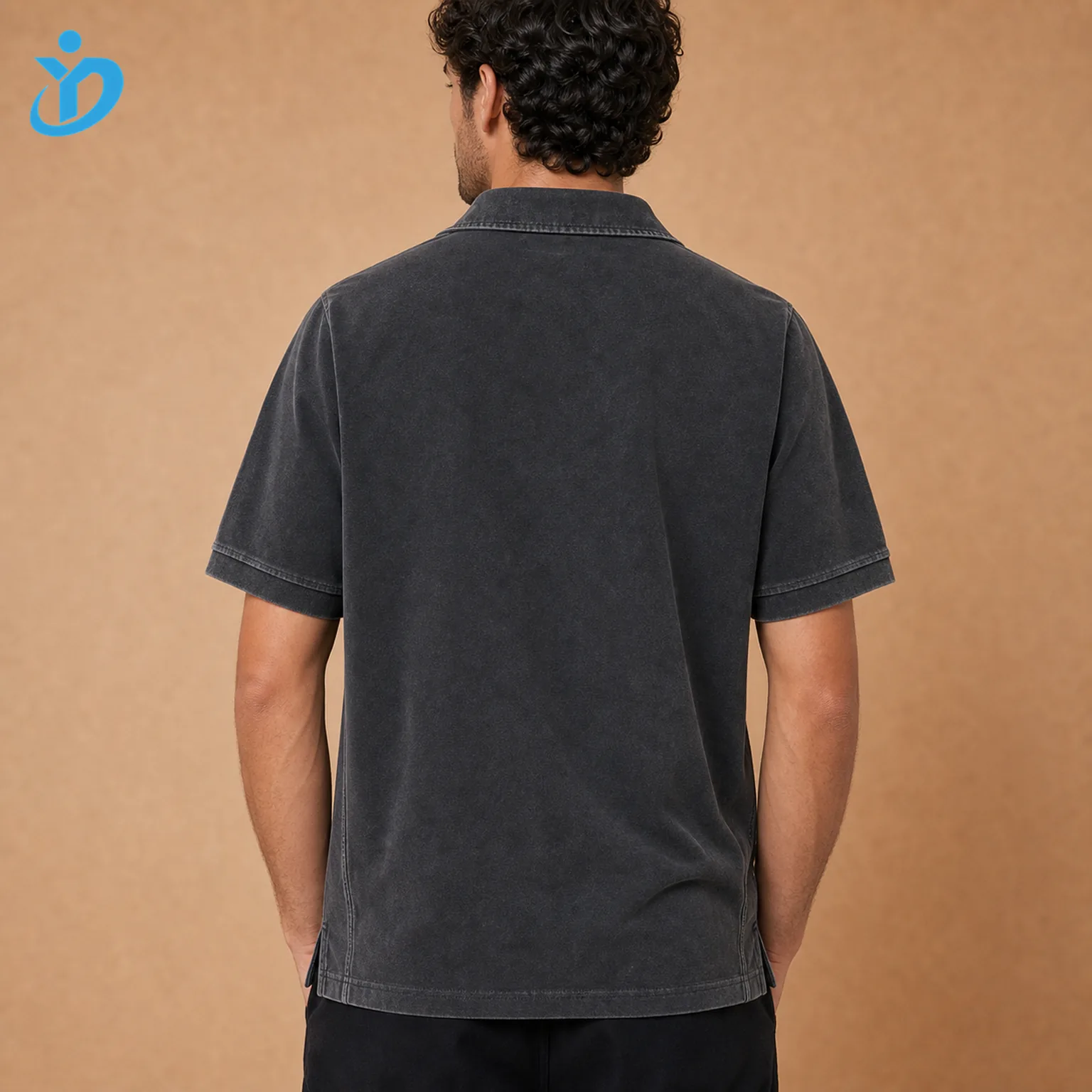 Upper body back view of custom mens vintage washed polo shirts showing stone washed cotton pique wide vintage collar extended sleeve cuffs longer back hem side slits and Dongguan Yidi Clothing Co Ltd transparent logo