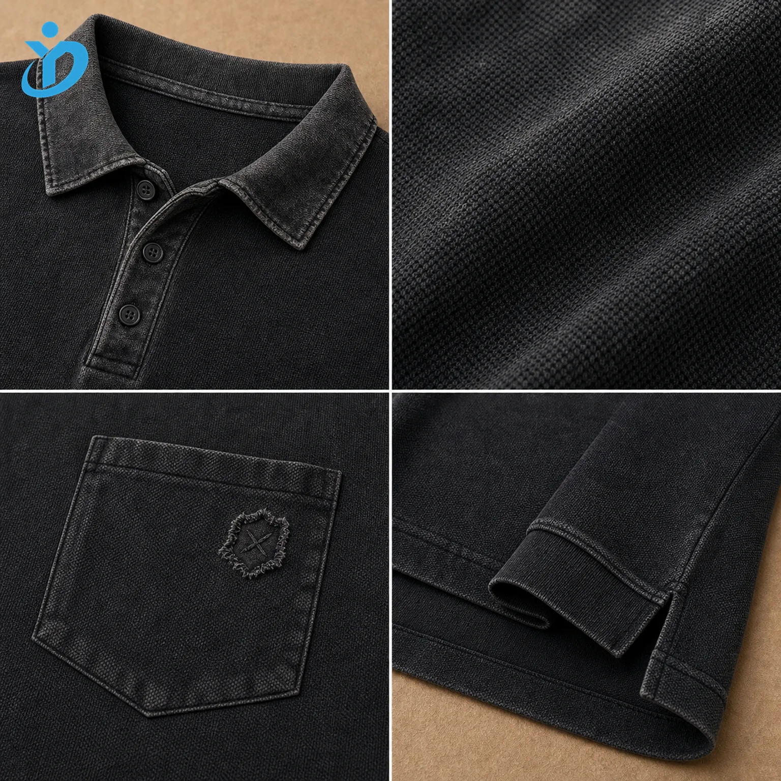 Upper body detail grid for custom mens vintage washed polo shirts showing wide vintage collar three button placket pure cotton pique stone wash chest pocket raw edge applique embroidery extended sleeve cuff high low hem and side slit with Dongguan Yidi Clothing Co Ltd transparent logo