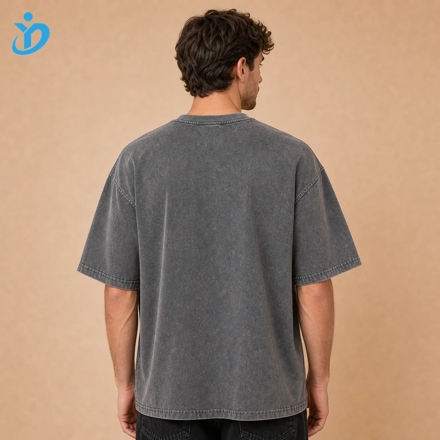 Upper body back view of custom mens vintage washed T-shirts showing vintage grey stone wash boxy fit dropped shoulder straight hem and Dongguan Yidi Clothing Co Ltd transparent logo
