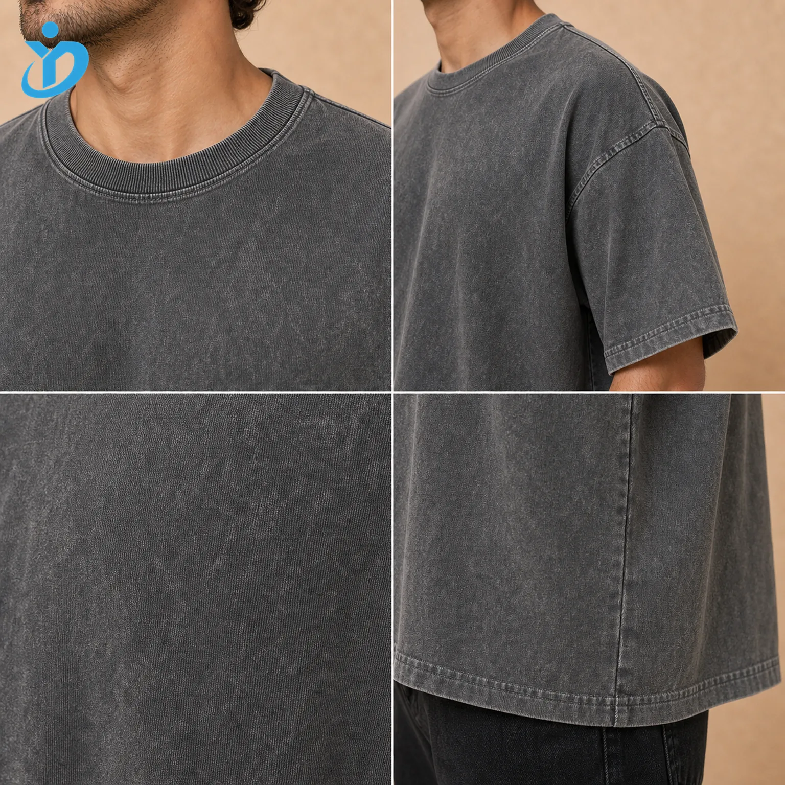 Upper body detail grid for custom mens vintage washed T-shirts showing rib crew neck dropped shoulder stone wash vintage grey cotton jersey hem stitching and Dongguan Yidi Clothing Co Ltd transparent logo