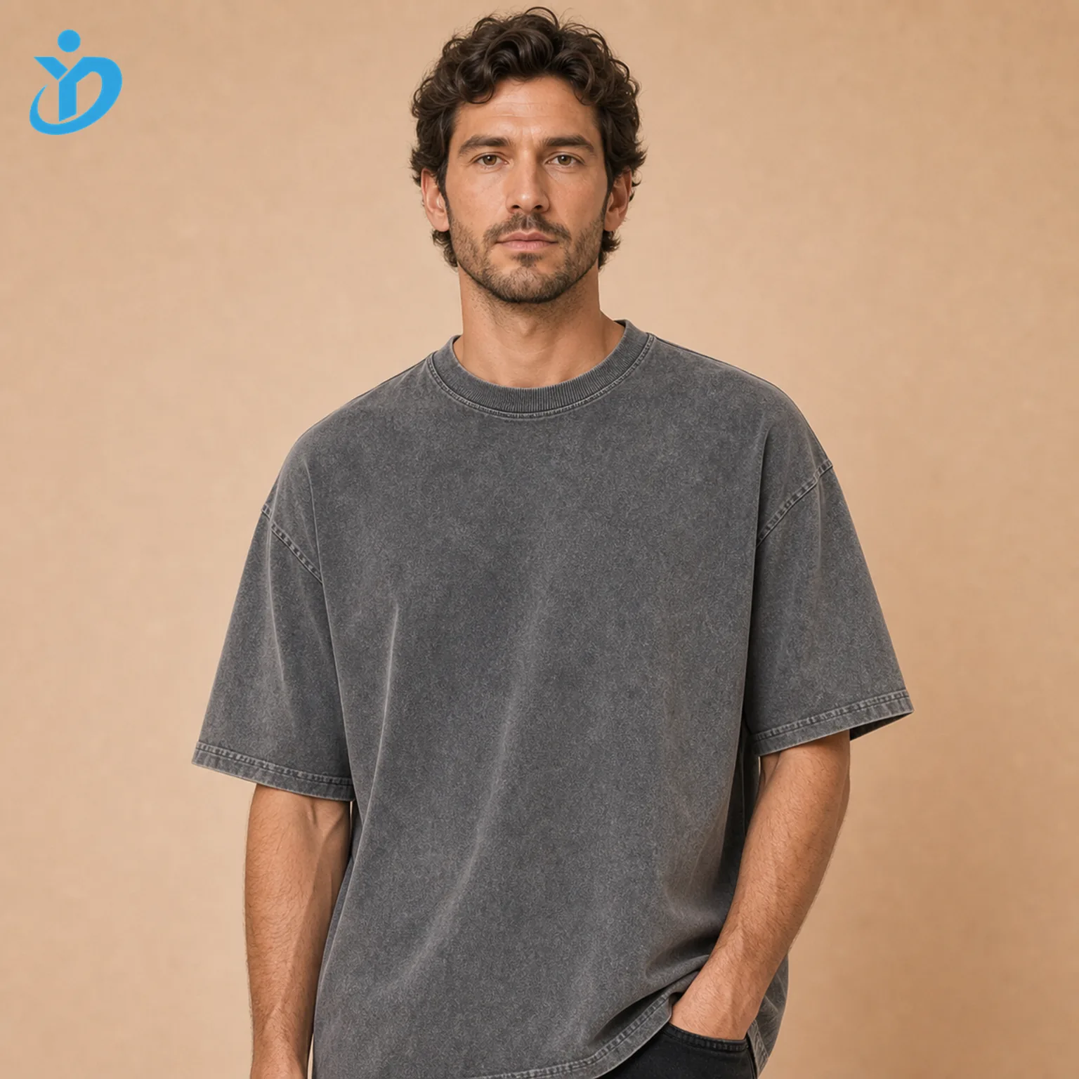 Upper body front view of custom mens vintage washed T-shirts with vintage grey boxy fit stone wash heavyweight cotton jersey and Dongguan Yidi Clothing Co Ltd transparent logo