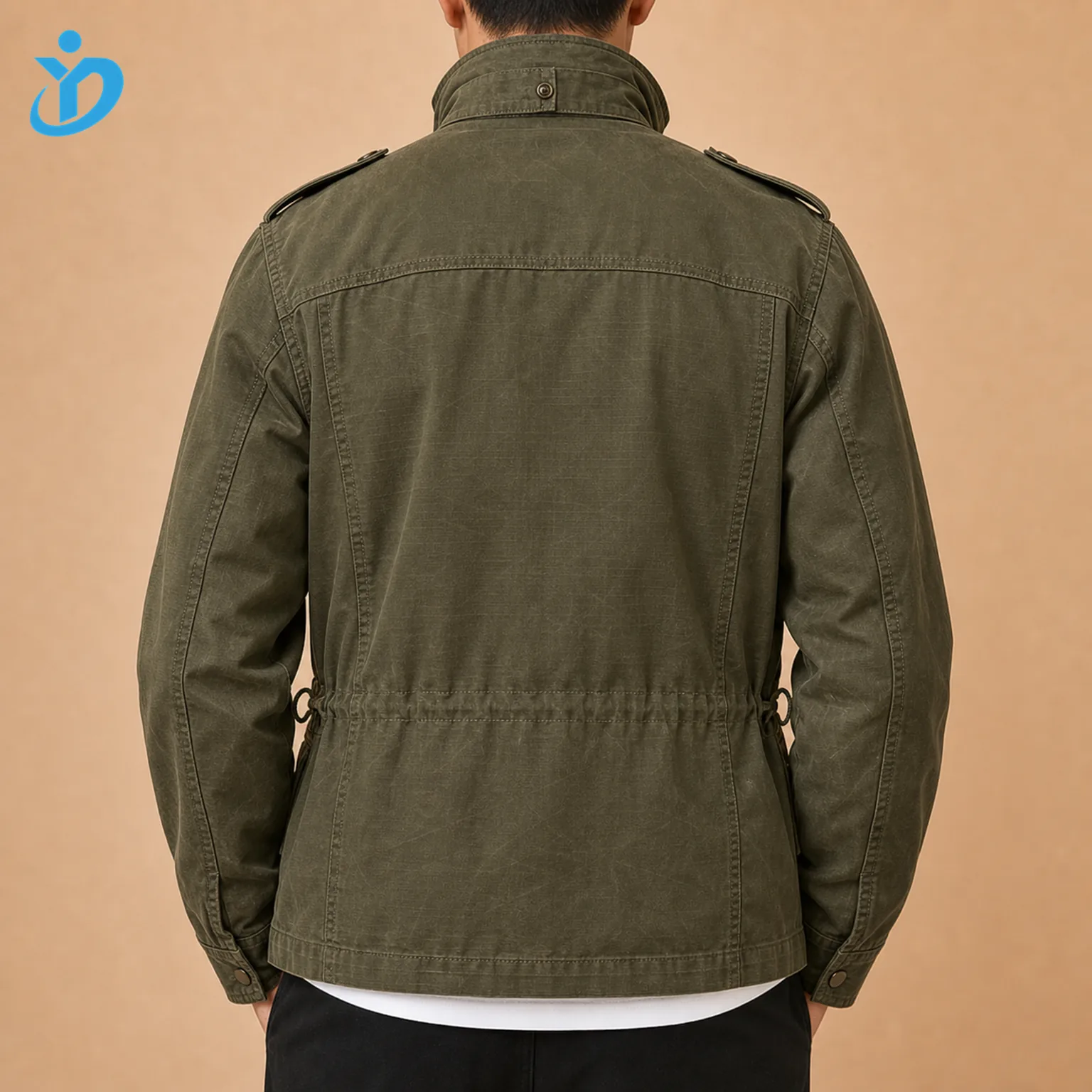 Upper body back view of custom mens olive waterproof field jacket with cotton canvas ripstop waxed cotton texture windproof finish epaulettes back yoke adjustable waist and Dongguan Yidi Clothing Co Ltd transparent logo